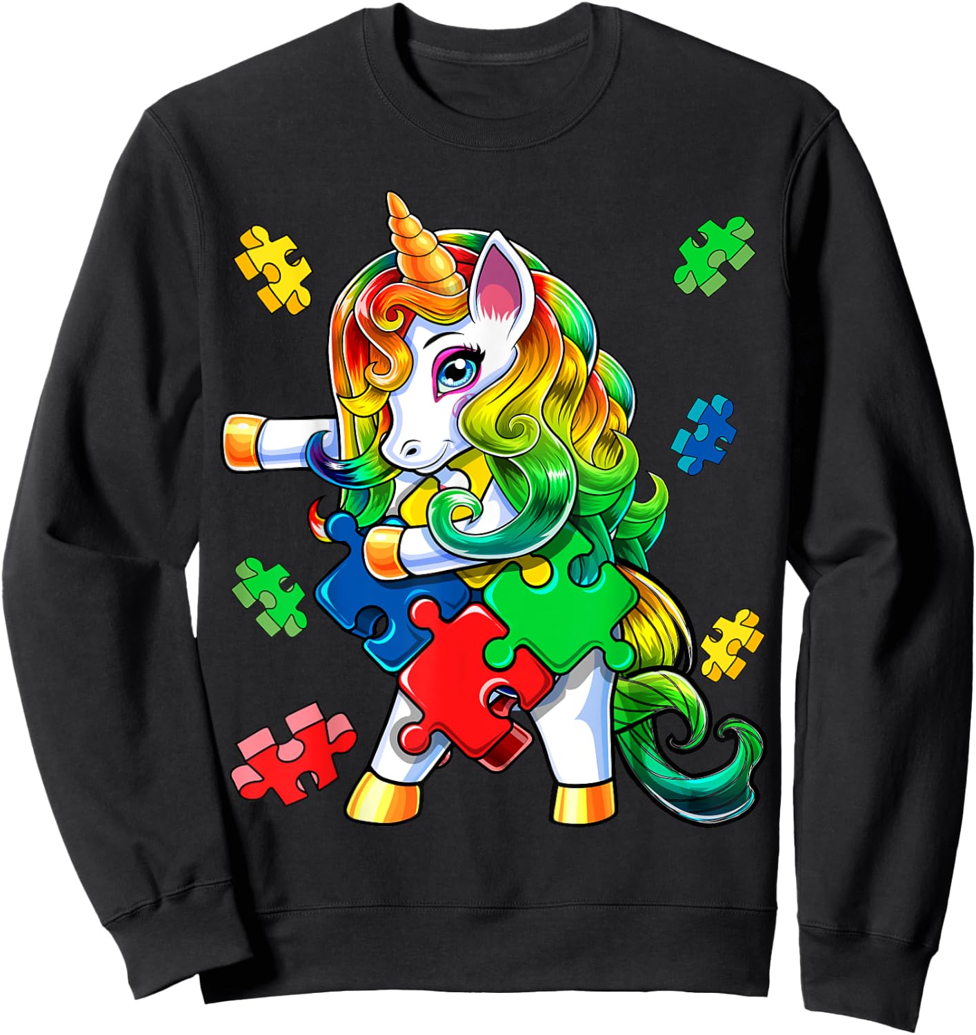 Autism Awareness Flossing Unicorn Puzzle Piece Gift Kids Sweatshirt - Sweatshirt | Black