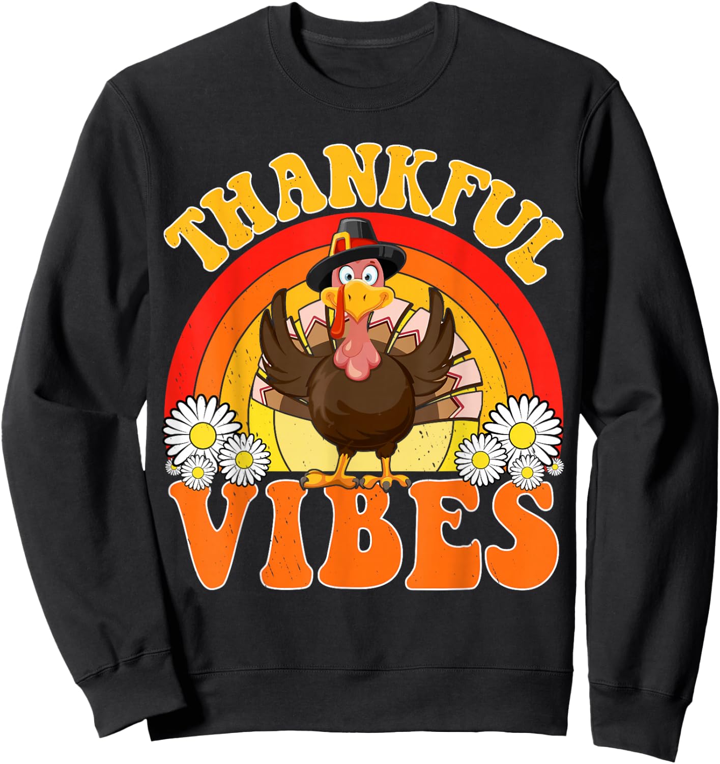 Thankful Vibes Turkey Rainbow Cute Fall Retro Thanksgiving Sweatshirt - Sweatshirt | Black
