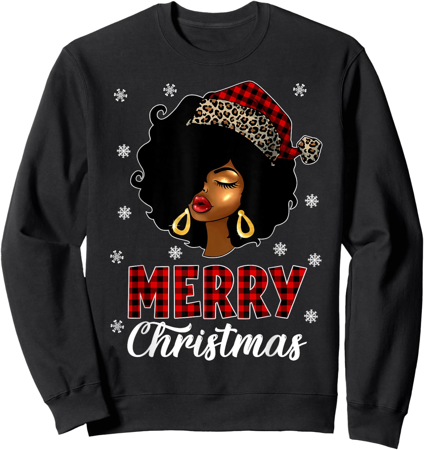 African American Afro Woman Santa Hat Merry Christmas Sweatshirt - Sweatshirt | Black