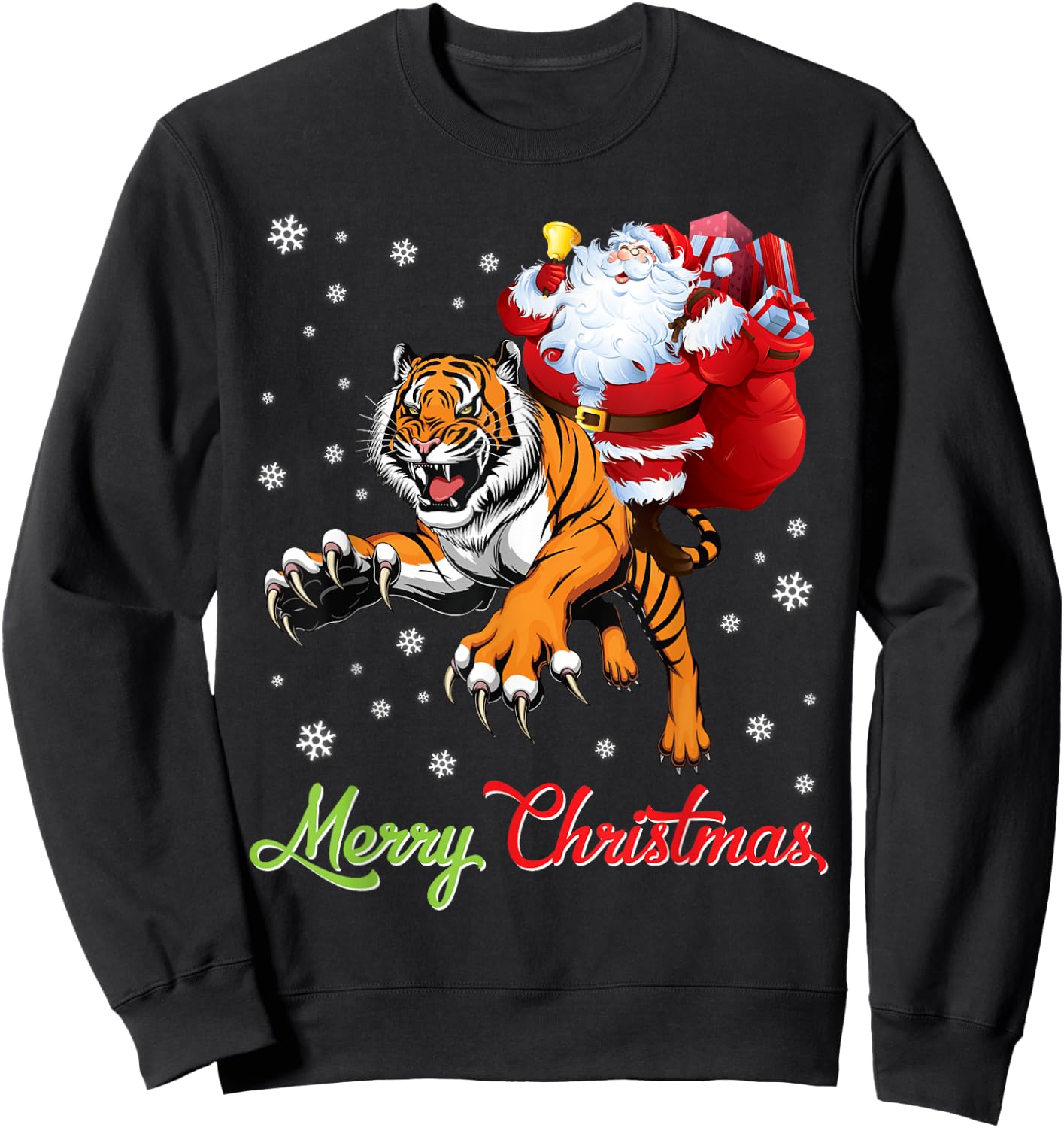 Santa Claus With Xmas Gift Riding Tiger Merry Christmas Day Sweatshirt - Sweatshirt | Black