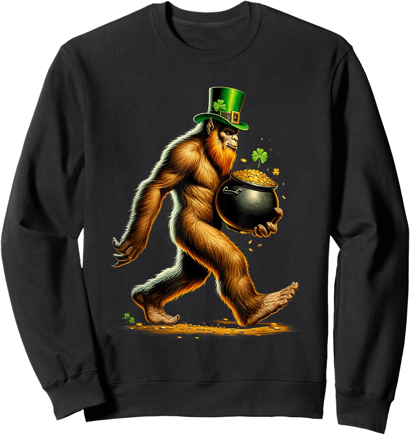 Happy St Patrick's Day Funny Bigfoot Sasquatch Shamrock Gold Sweatshirt - Sweatshirt | Black