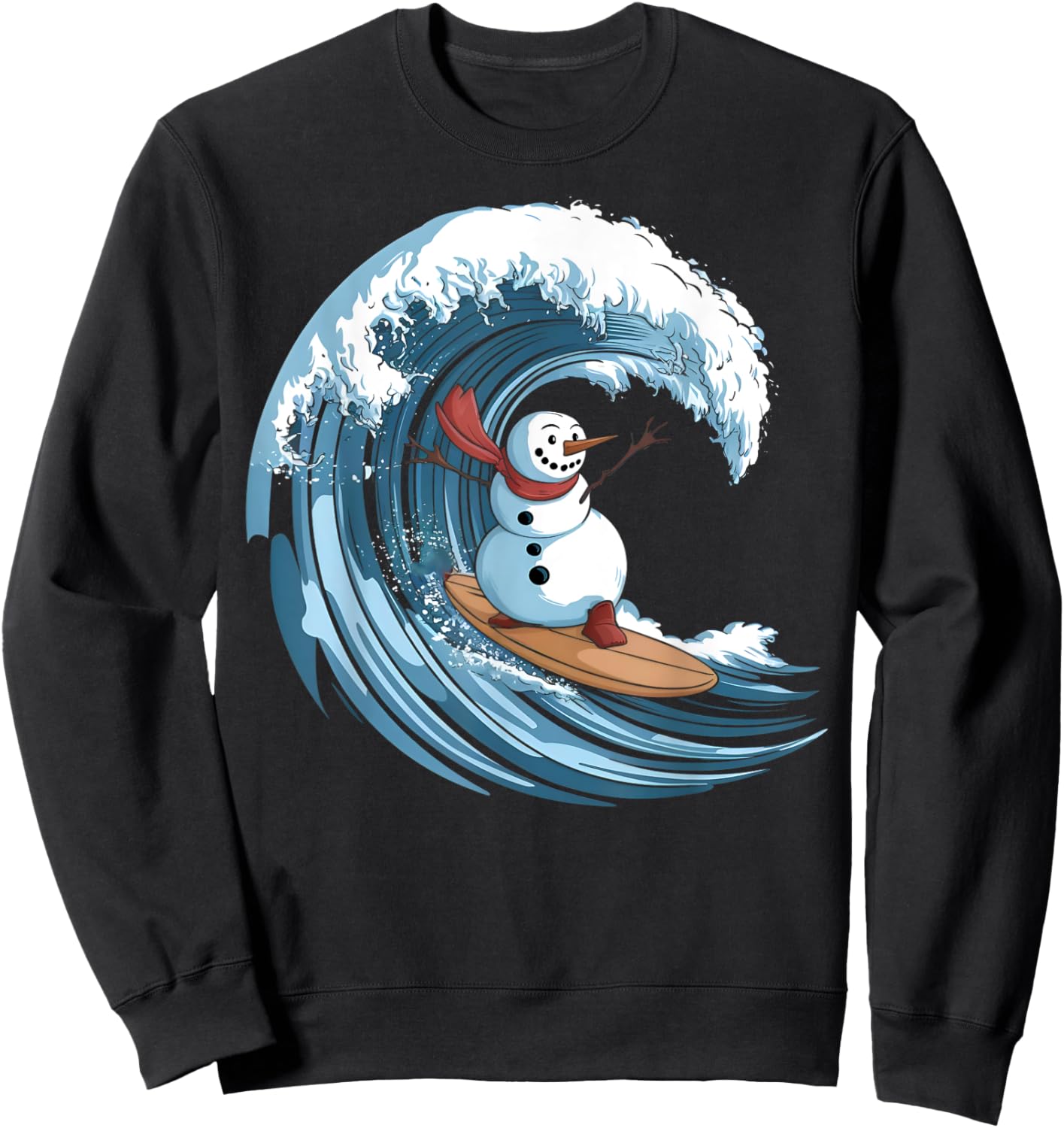 Christmas In July Snowman Surfing Surfboard Beach Waves Sweatshirt - Sweatshirt | Black
