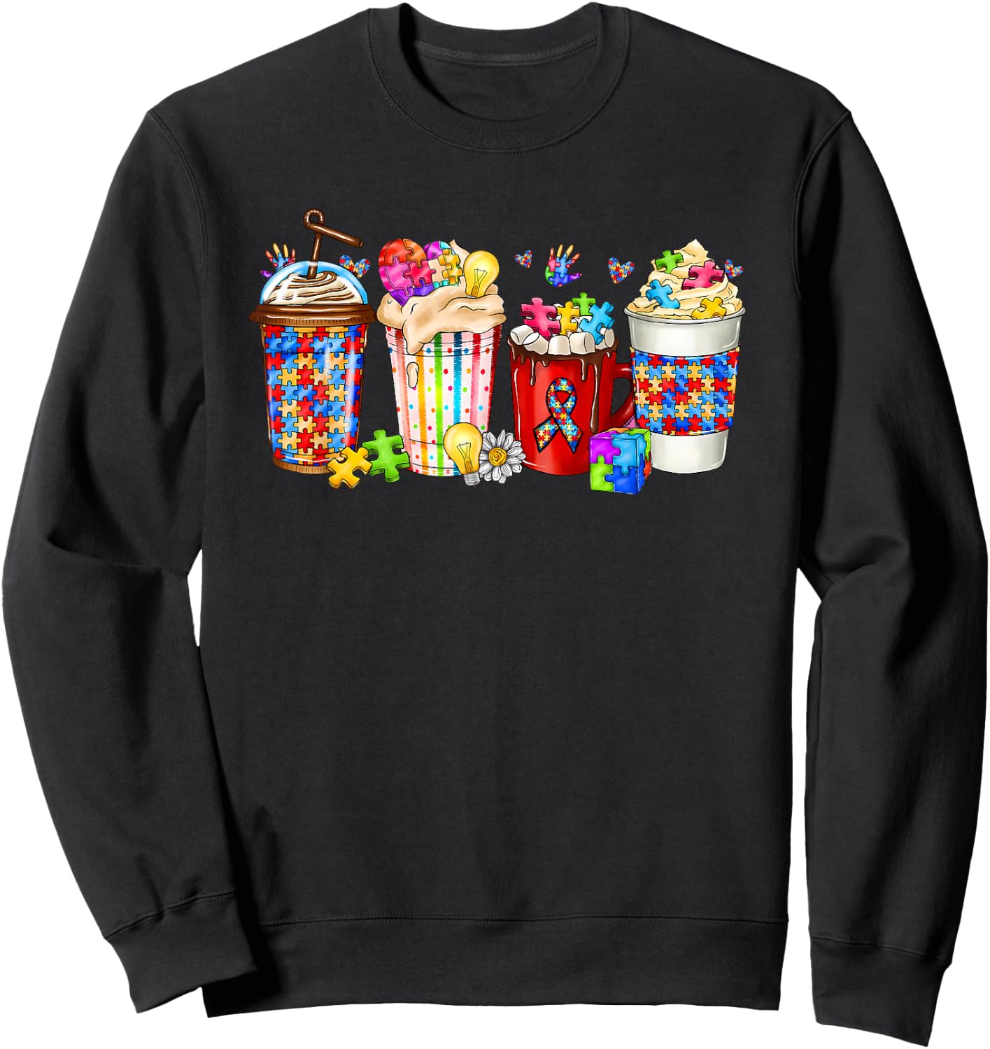 Autism Coffee Cups Puzzle Piece Autism Awareness Mom Women Sweatshirt - Sweatshirt | Black
