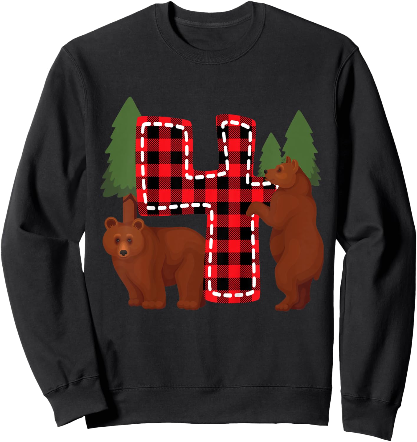 Kids 4 Year Old Lumberjack Birthday Party Bear Plaid Boy 4th Gift Sweatshirt - Sweatshirt | Black