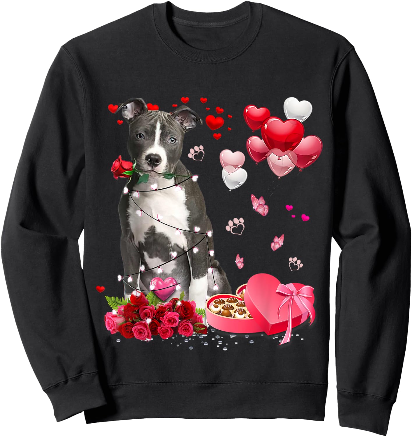 Funny Pitbull Rose Heart Happy Valentine Day Dog Mom Men Women Kids Sweatshirt - Sweatshirt | Black