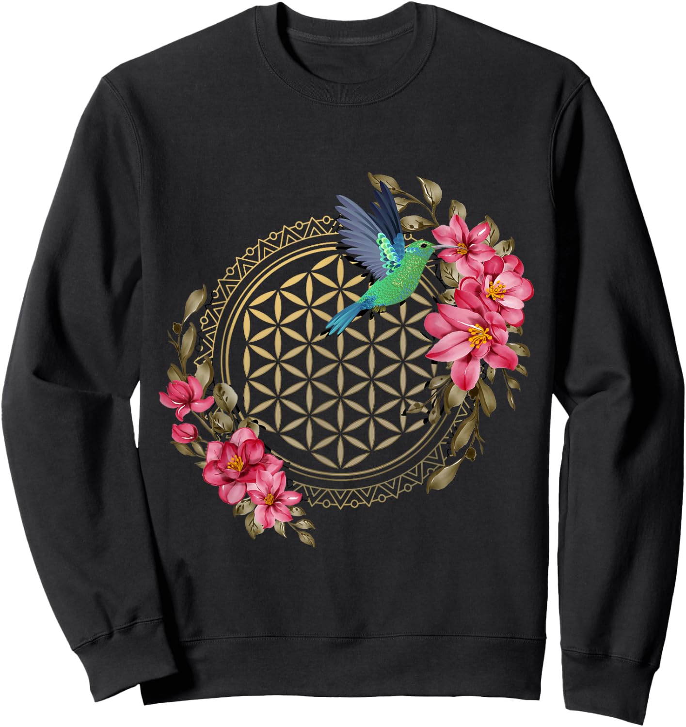 Hummingbirds Sacred Geometry Flower Of Life Hummingbird Sweatshirt - Sweatshirt | Black