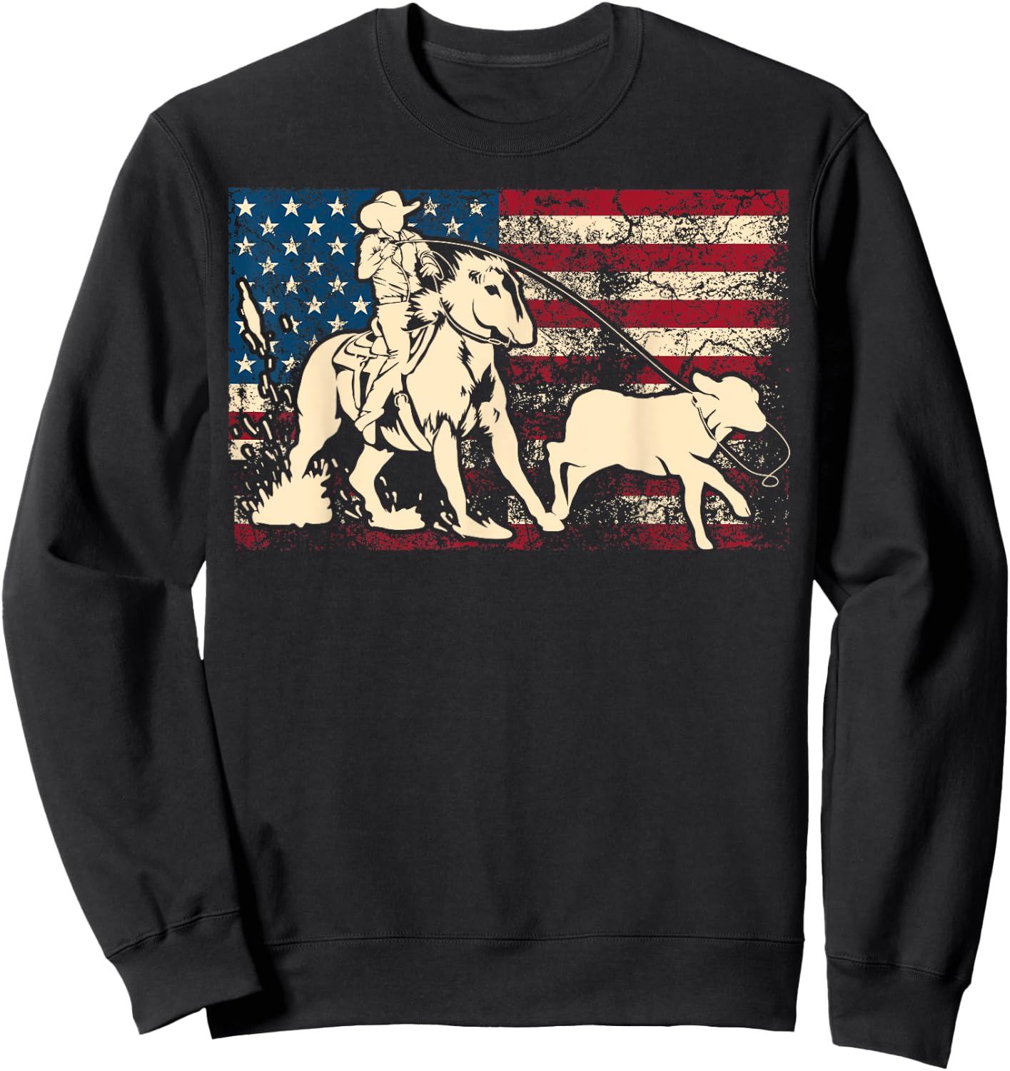 Funny Team Roping Rodeo Gift US Flag Cool Cowboy Men Women Sweatshirt - Sweatshirt | Black