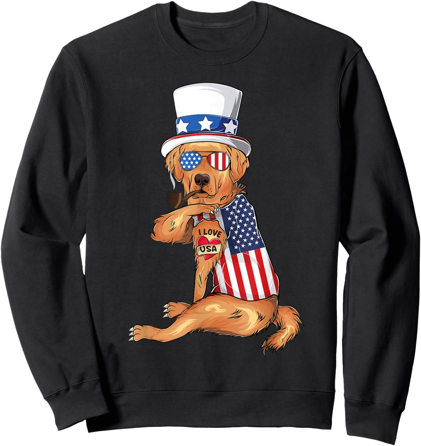 golden retriever dog Merica 4th of july usa american flag Sweatshirt - Sweatshirt | Black