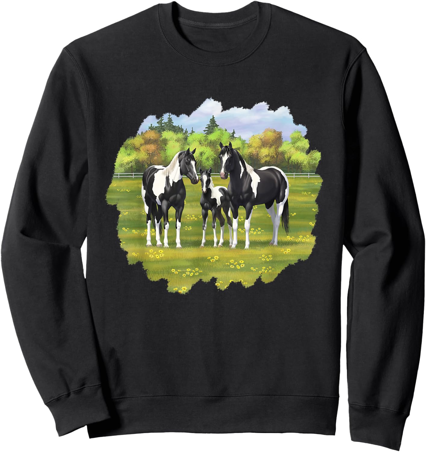 Beautiful Black Pinto Paint Horses In Summer Pasture Men Women Kids Sweatshirt - Sweatshirt | Black