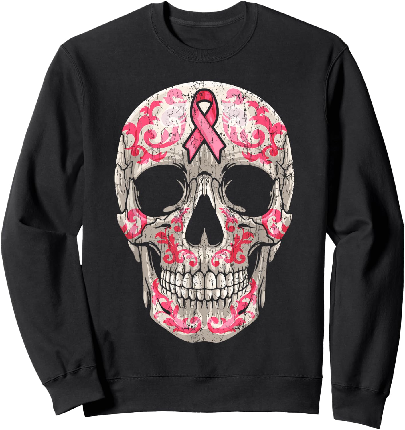 Breast Cancer Awareness Graphic Ribbon Sugar Skull Calavera Sweatshirt - Sweatshirt | Black