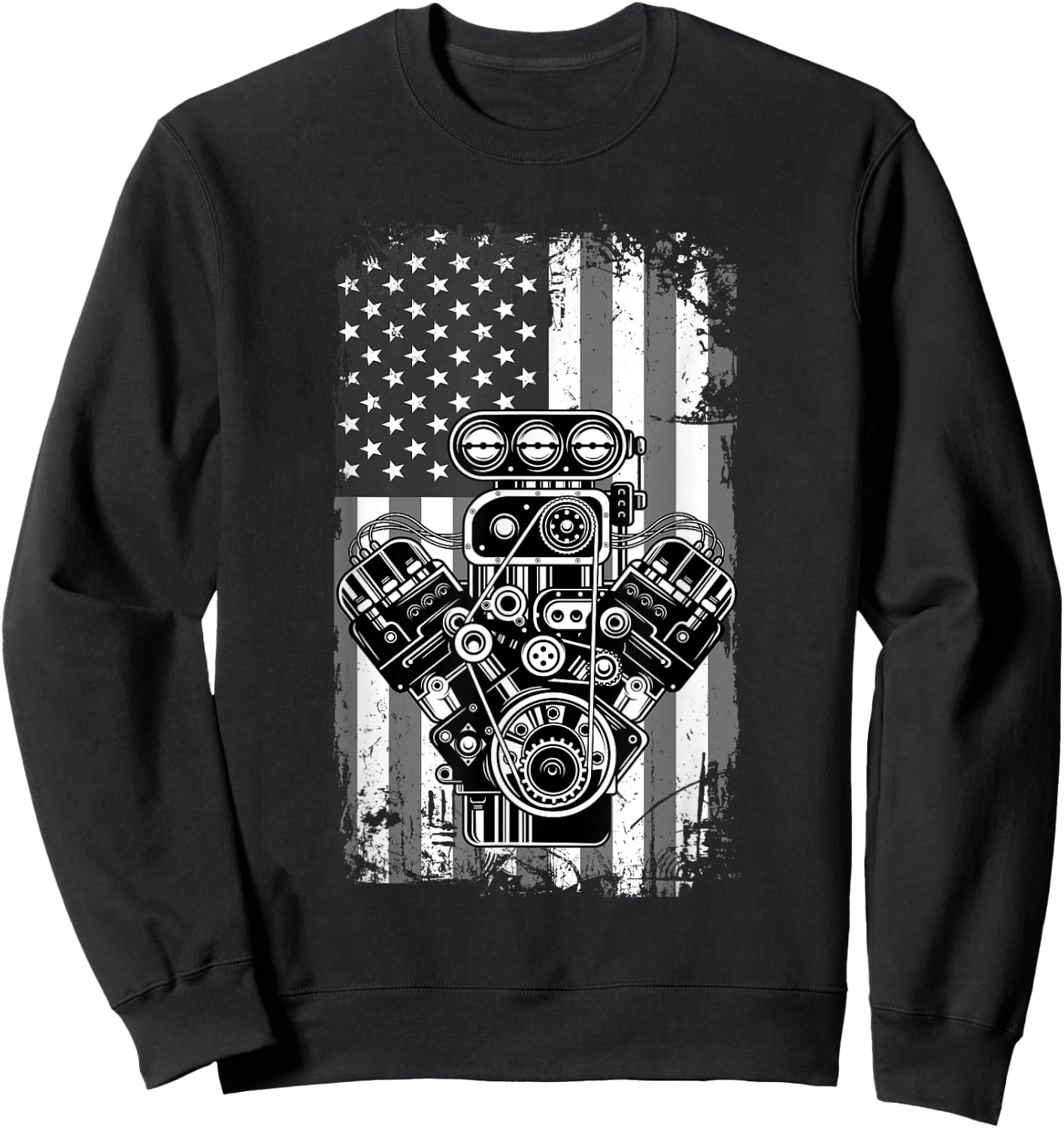 Vintage Muscle Car Piston American Flag Funny Mechanic Gift Small Sweatshirt - Sweatshirt | Black