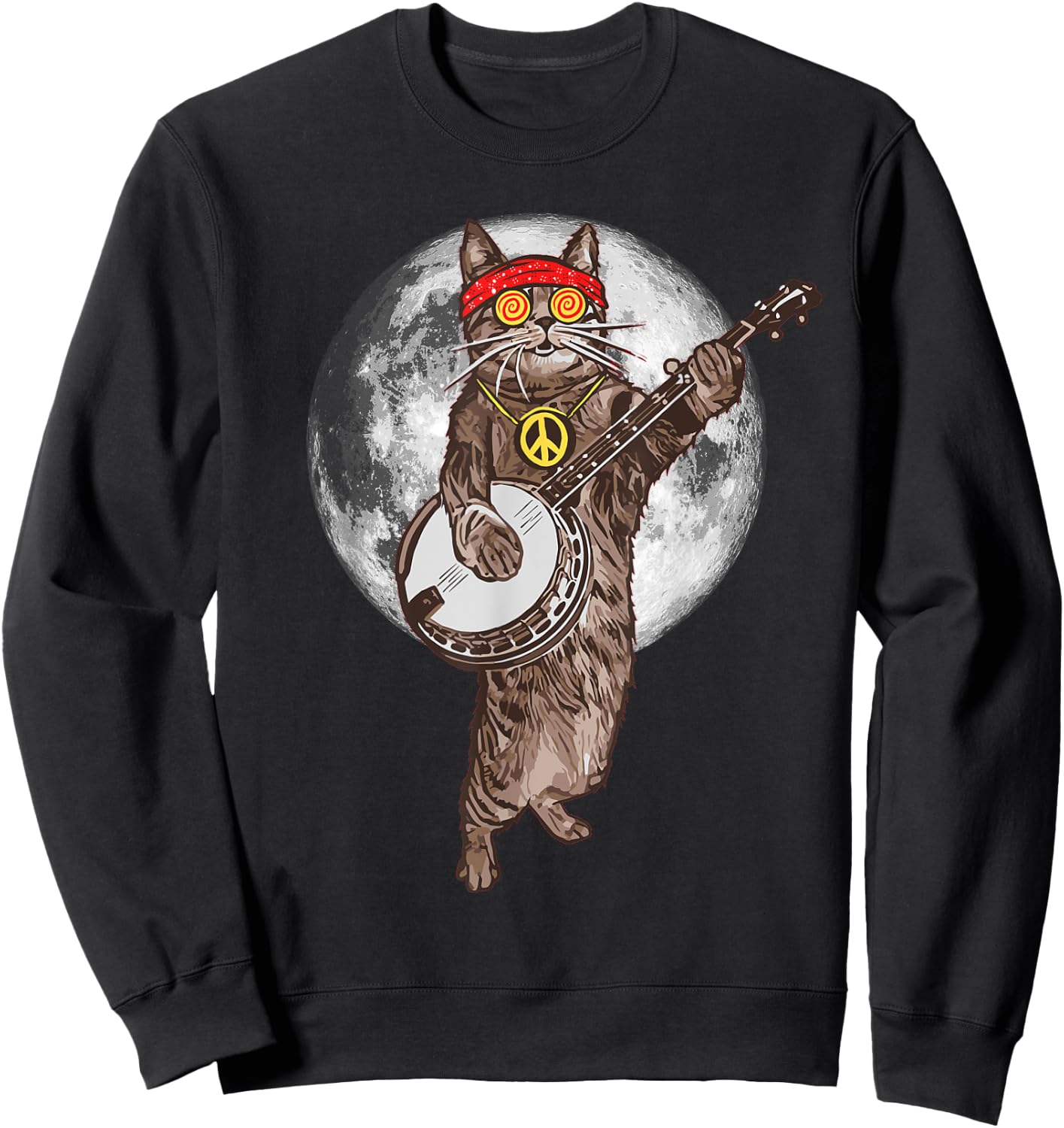 Psychedelic Hippie Banjo Cat! Funny Bluegrass Music Sweatshirt - Sweatshirt | Black