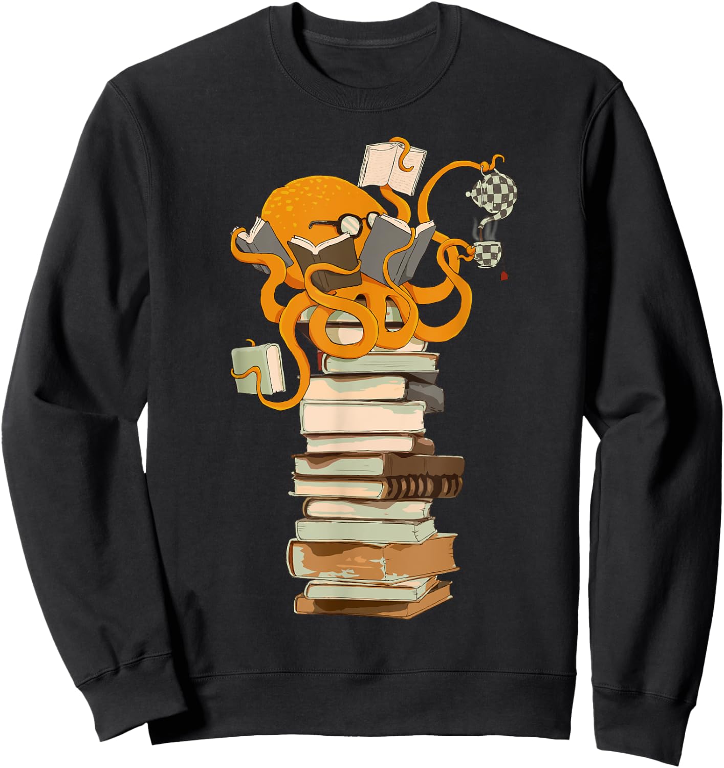 Reading Octopus, Tea, Coffee and Books Gift Sweatshirt - Sweatshirt | Black