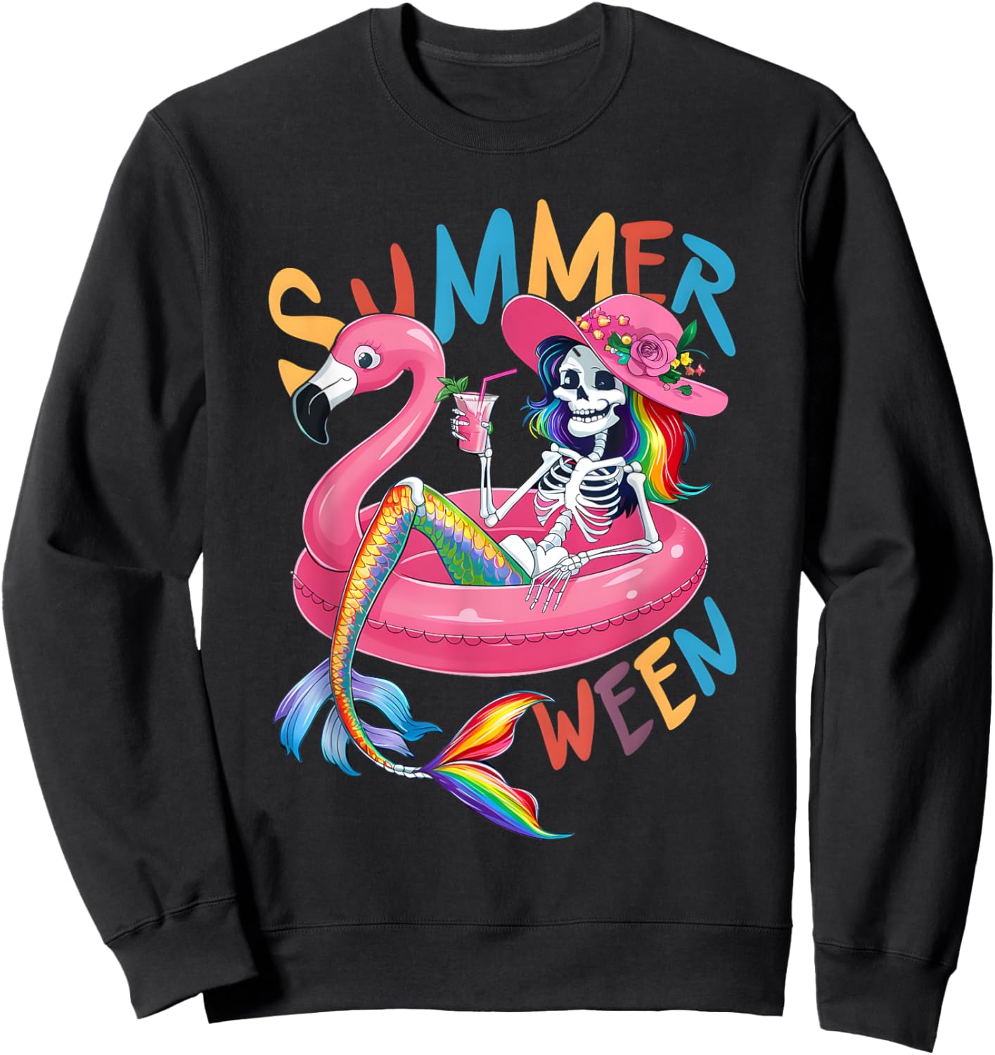 Summerween Mermaid Skeleton Flamingo Summer Halloween Women Sweatshirt - Sweatshirt | Black