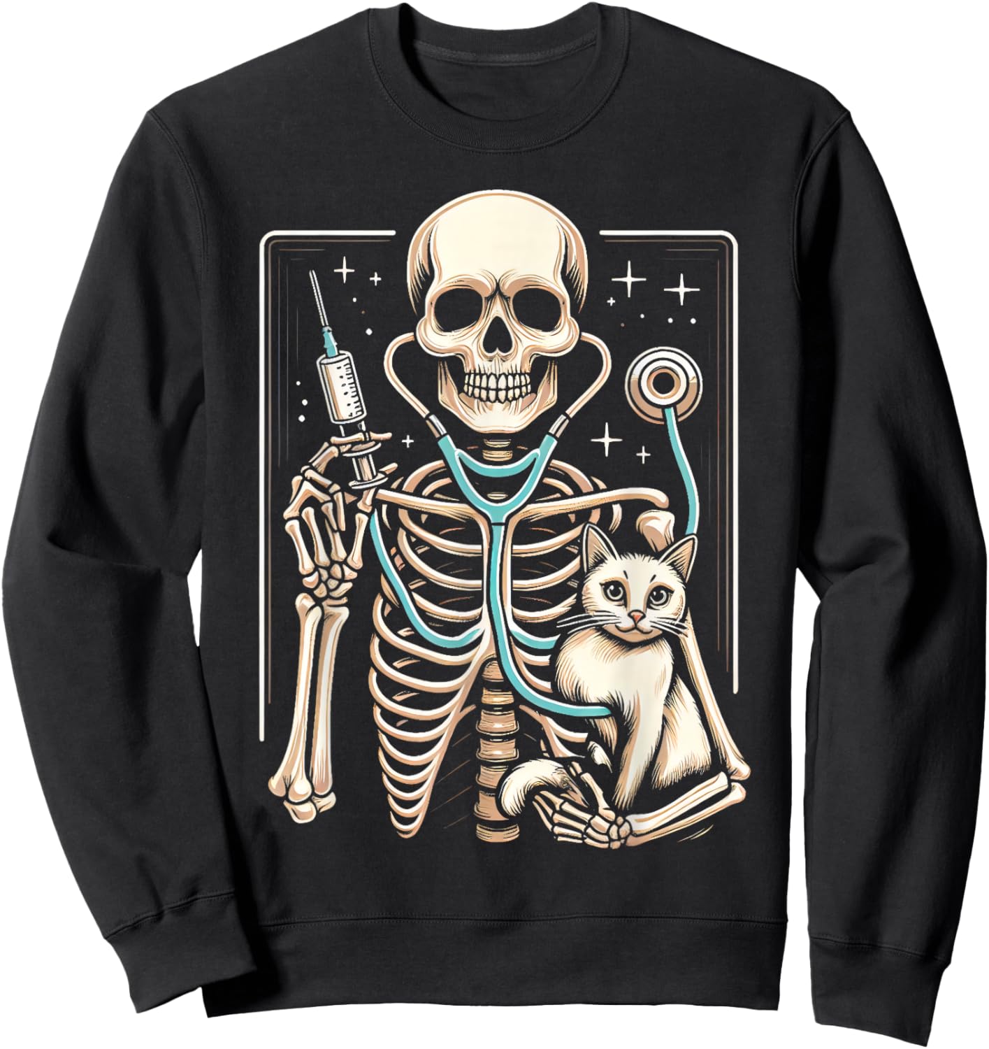 Skeleton Hug Cat Vet Tech Veterinarian Veterinary Halloween Sweatshirt - Sweatshirt | Black