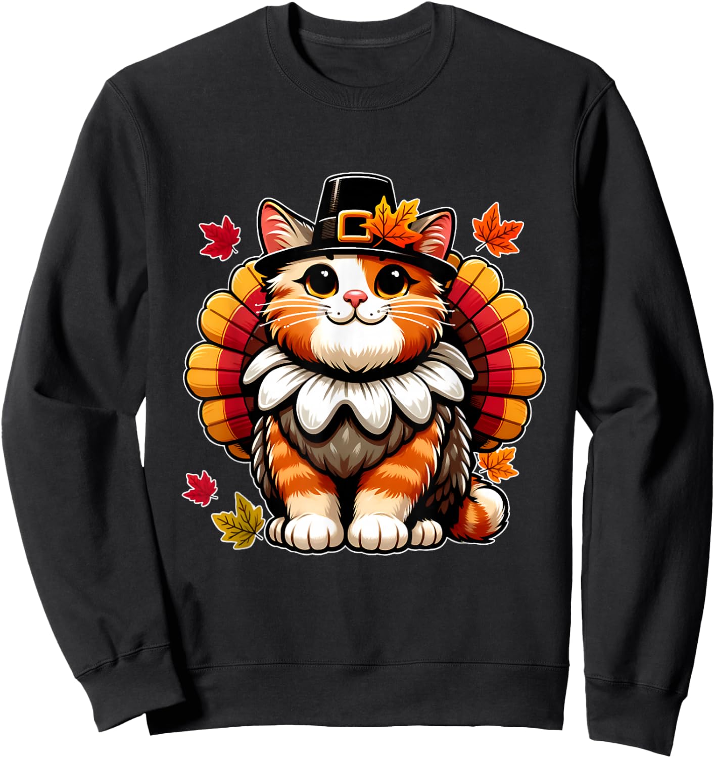 Funny Thanksgiving Shirts by Merch4life Pilgrim Cat in Turkey Disguise Thanksgiving Sweatshirt - Sweatshirt | Black