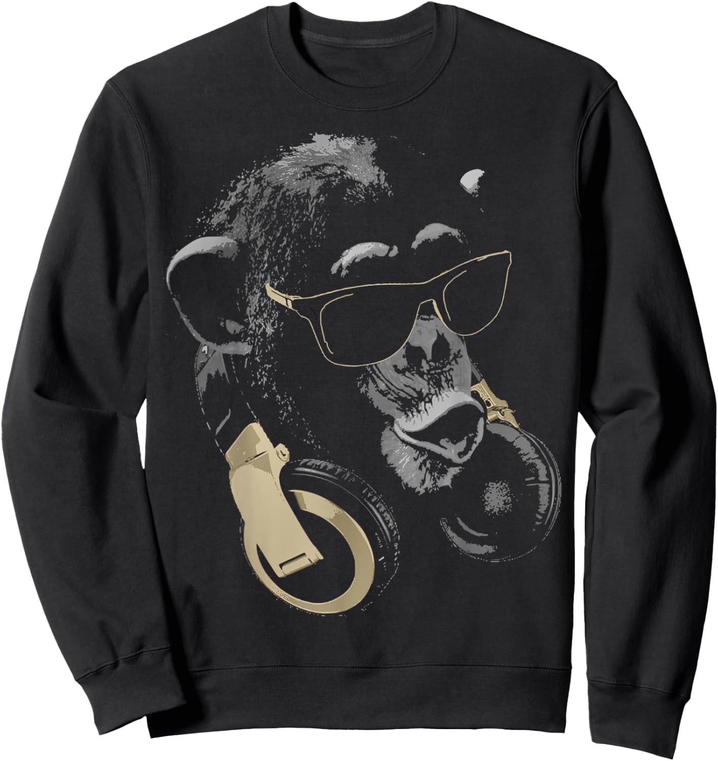 Funny Cute Happy and Cool Animal Design Love Store Monkey Chimpanzee with Sunglasses and Headphones - Adults - Black - Small Sweatshirt - Sweatshirt | Black
