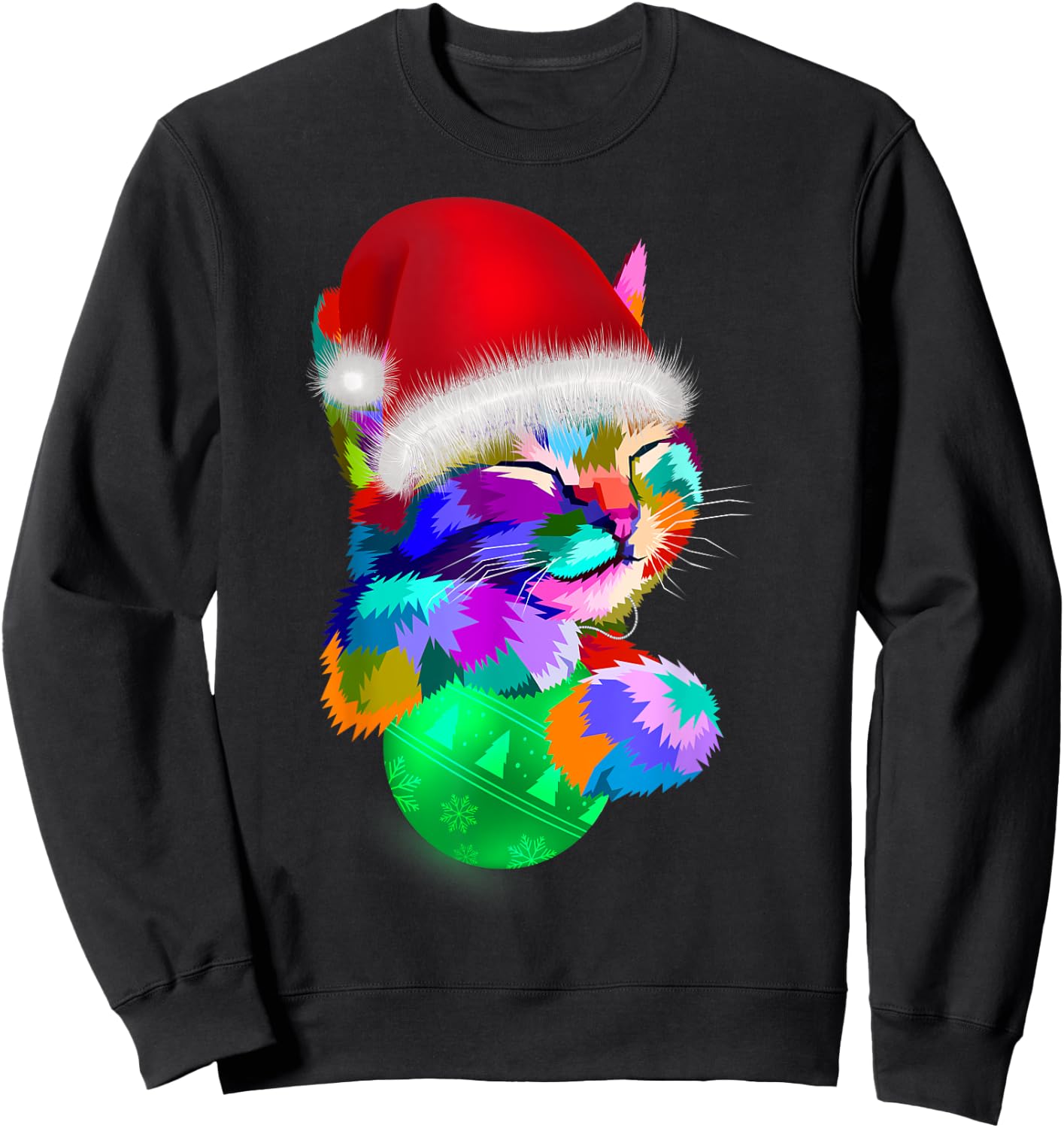 Cute Cat Colourful Funny Santa Hat Christmas Ball Costume Women Kids Sweatshirt - Sweatshirt | Black