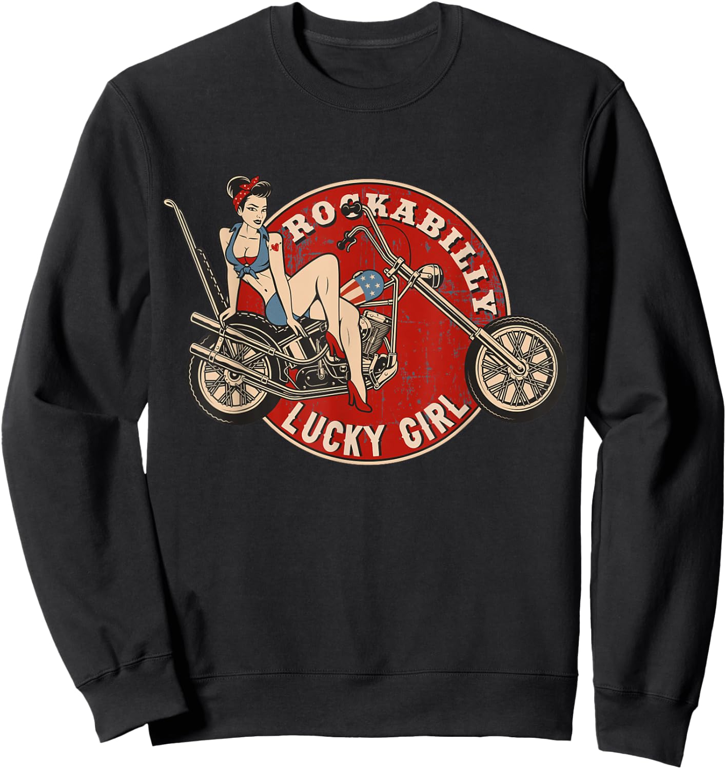 Motorcycle Pinup Girl Old School Rockabilly Lucky Girl Sweatshirt - Sweatshirt | Black