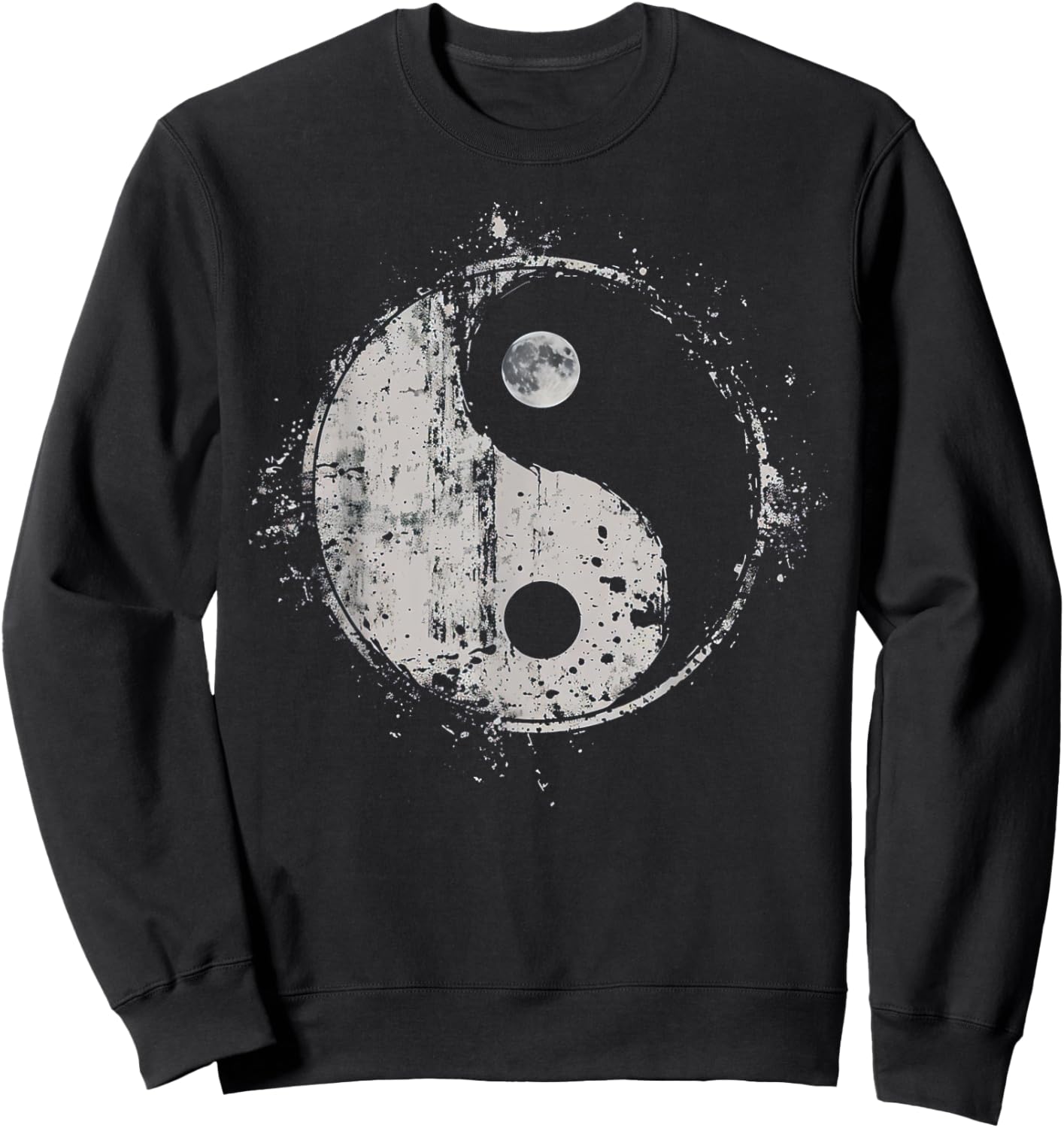 Distressed Yin Yang Moon Balance Spiritual Design Sweatshirt - Sweatshirt | Black