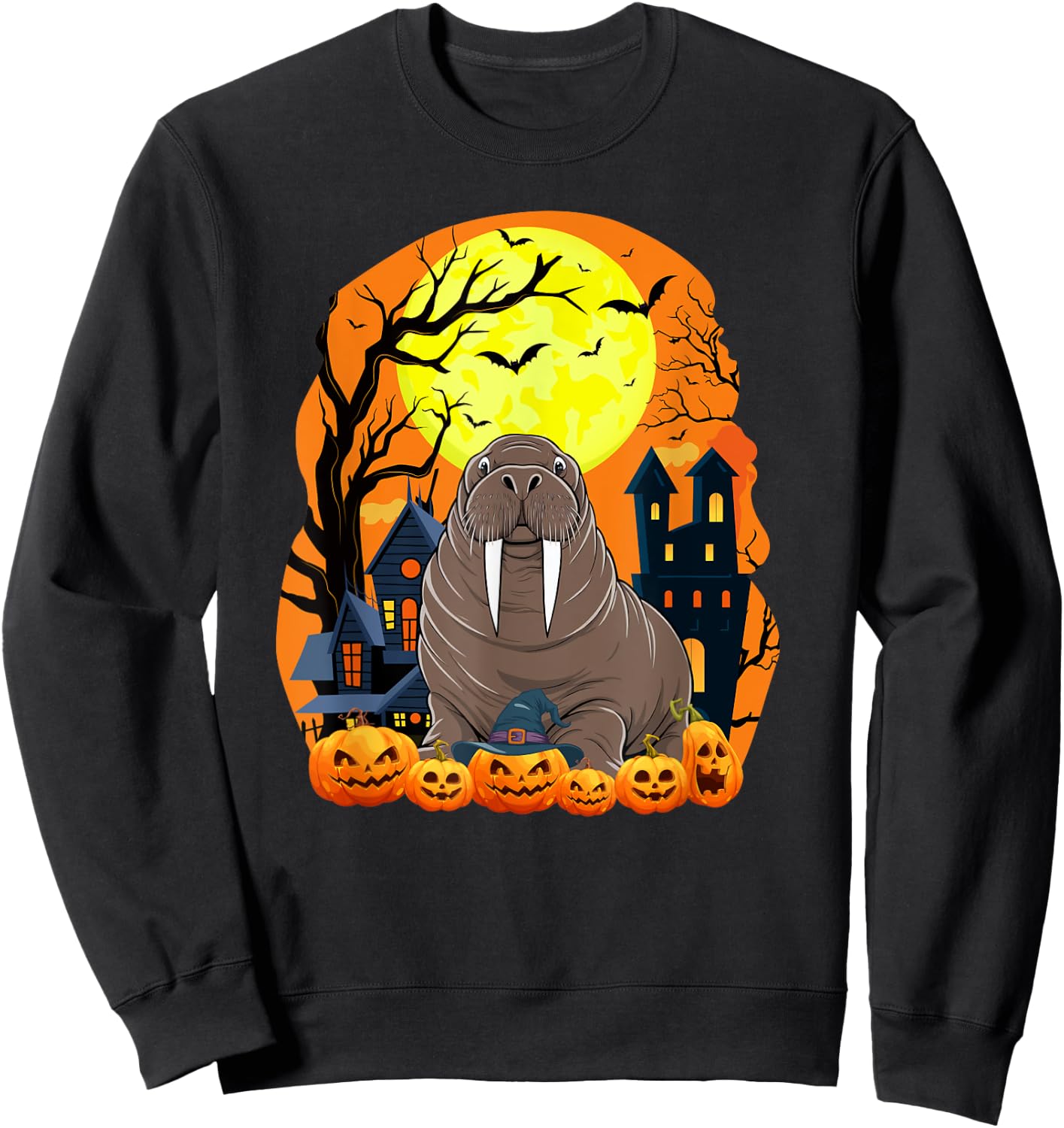 Walrus With Pumpkins Funny Scary Halloween Party Sweatshirt - Sweatshirt | Black