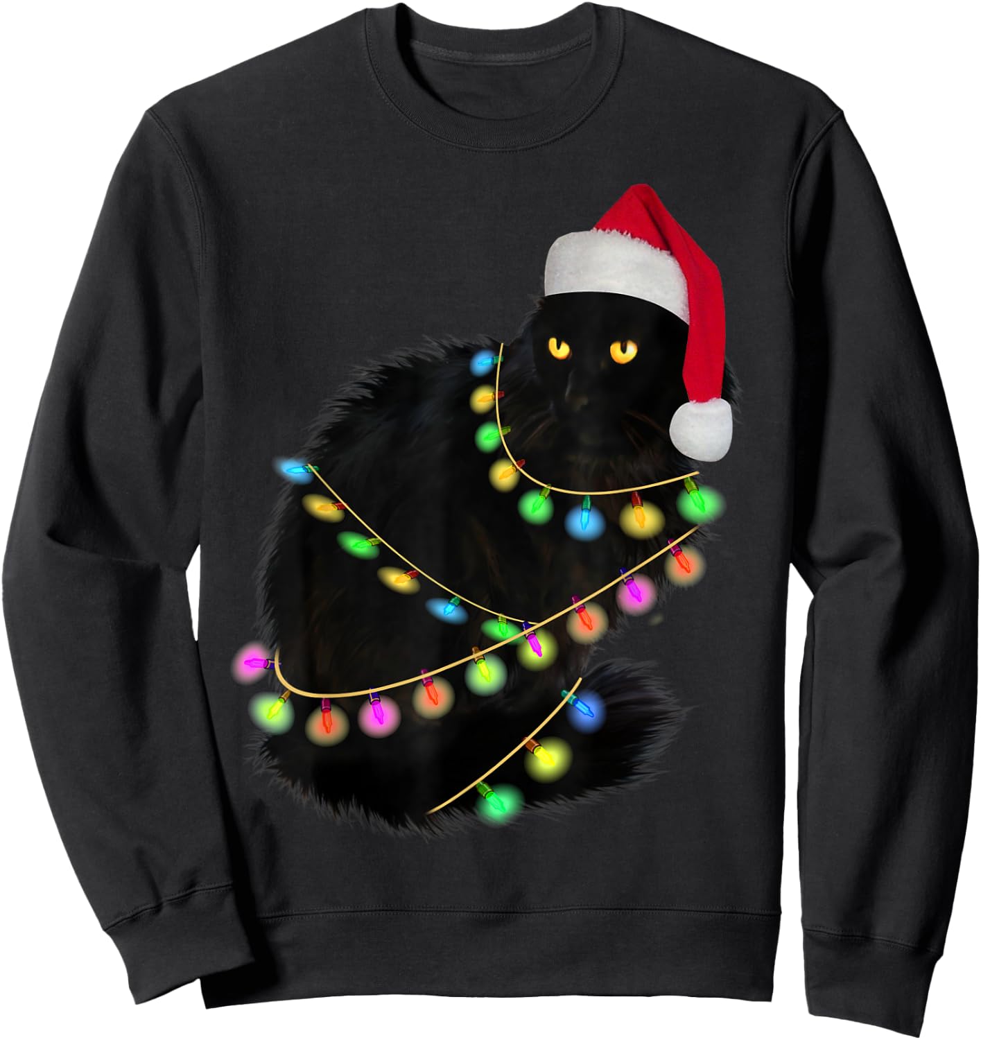 Black Cat Santa Hat Light Tree Funny Ugly Christmas Sweater Sweatshirt - Sweatshirt | Black