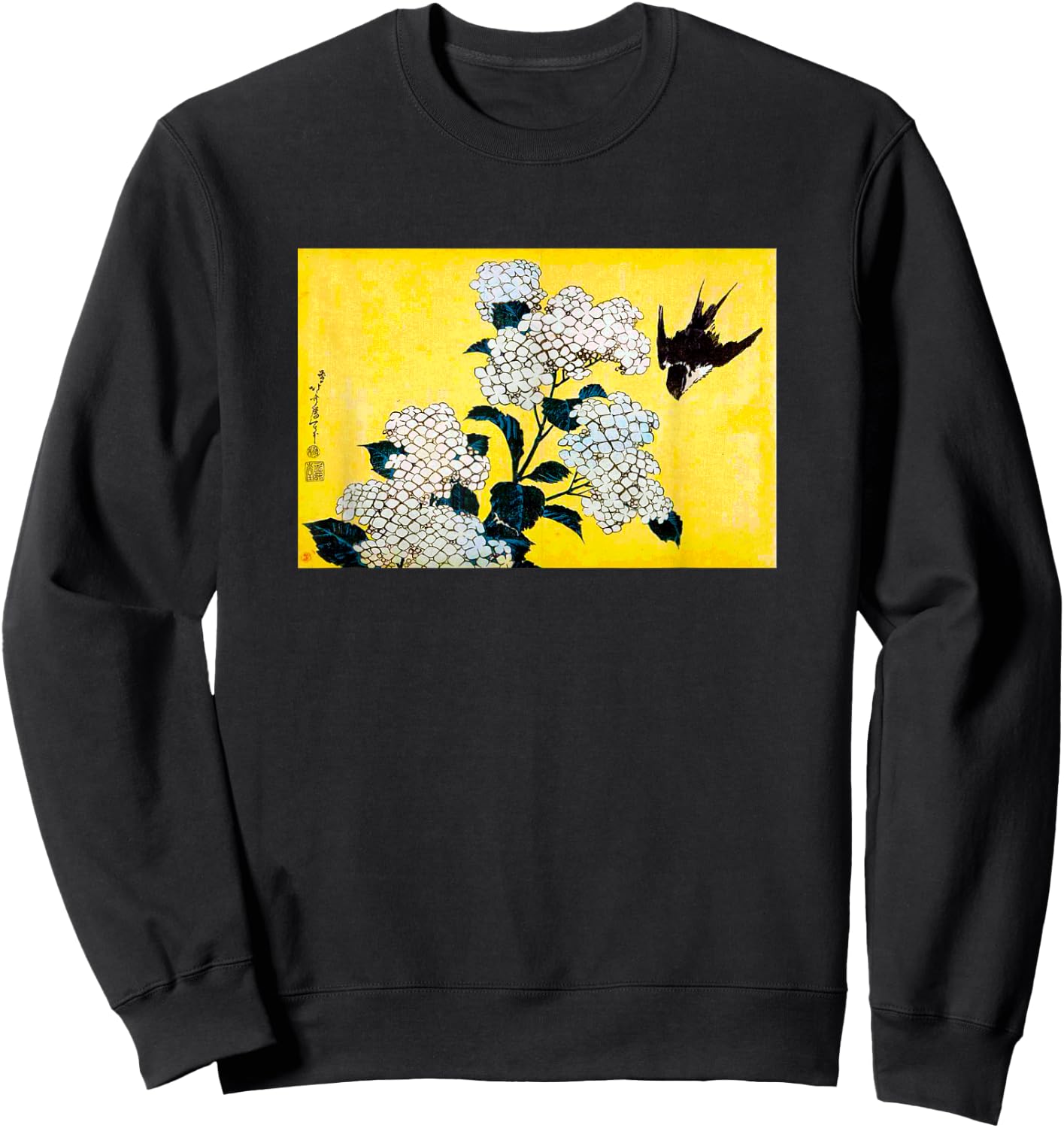 The Art of Print by MCMA - Digitally Enhanced Art Japanese Art Bird and Cherry Blossoms Graphic Design -Adults Black Small Sweatshirt - Sweatshirt | Black
