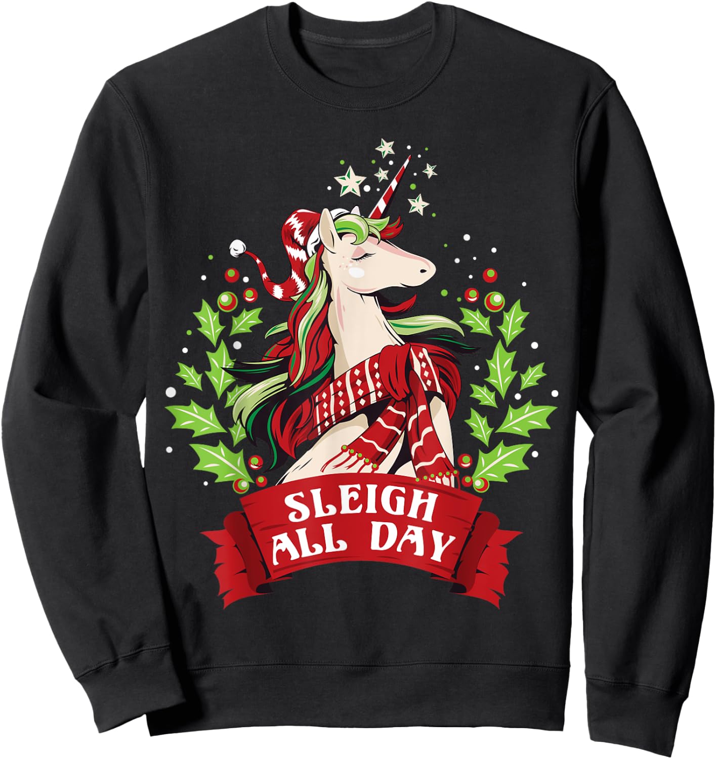 Sleigh All Day Cute Santa Unicorn Christmas Sweatshirt - Sweatshirt | Black