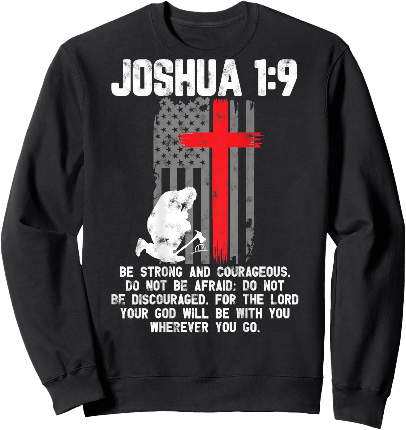 Thin Red Line Firefighter Cross Bible Verse Christian Sweatshirt - Sweatshirt | Black