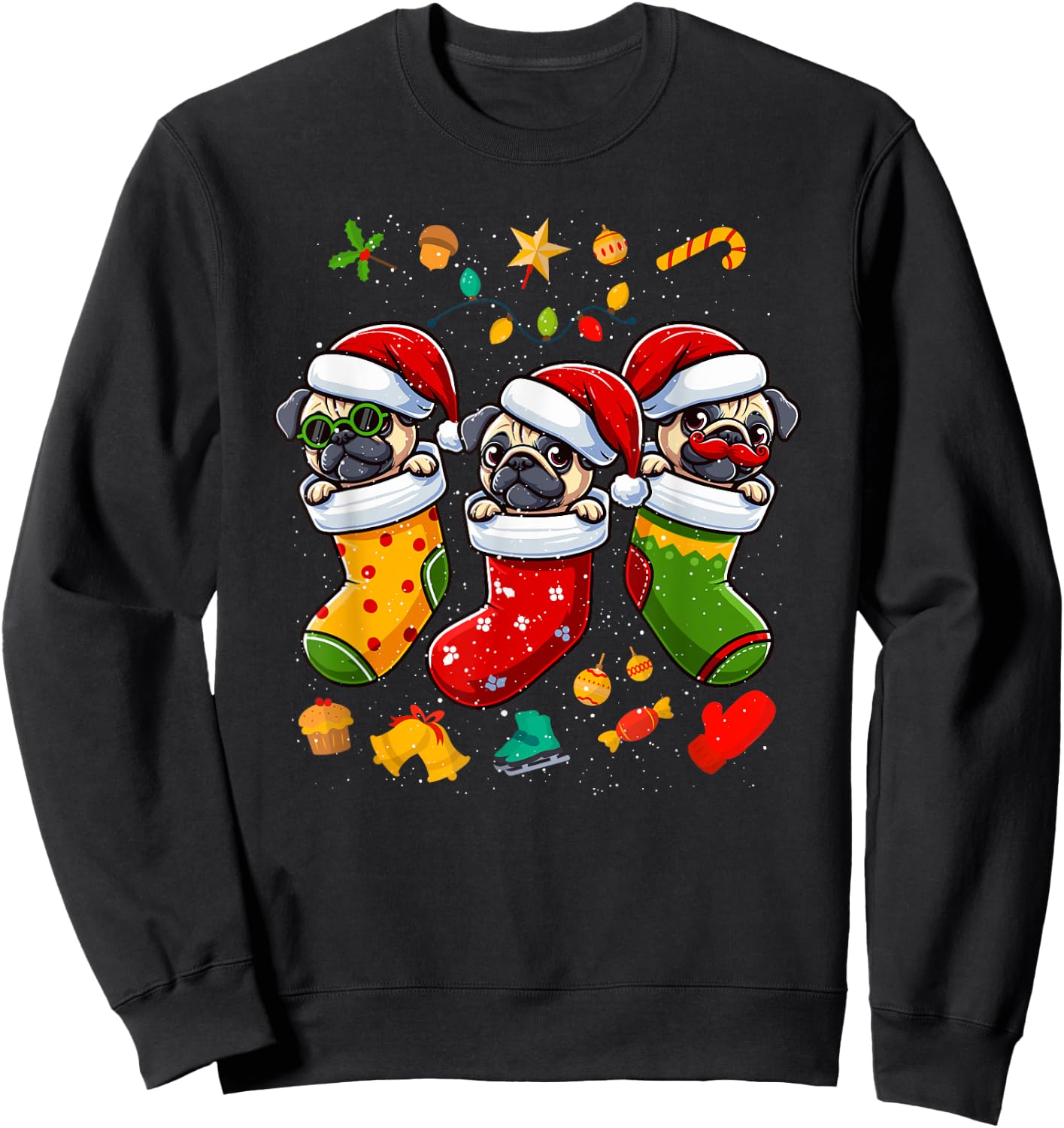 Pug Santa Claus Christmas Stocking Dog X-Mas Dogs Sweatshirt - Sweatshirt | Black