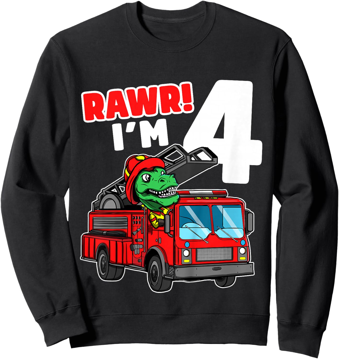 Kids Dinosaur Fire Truck 4th Birthday Boy T-Rex Firefighter 4 Sweatshirt - Sweatshirt | Black
