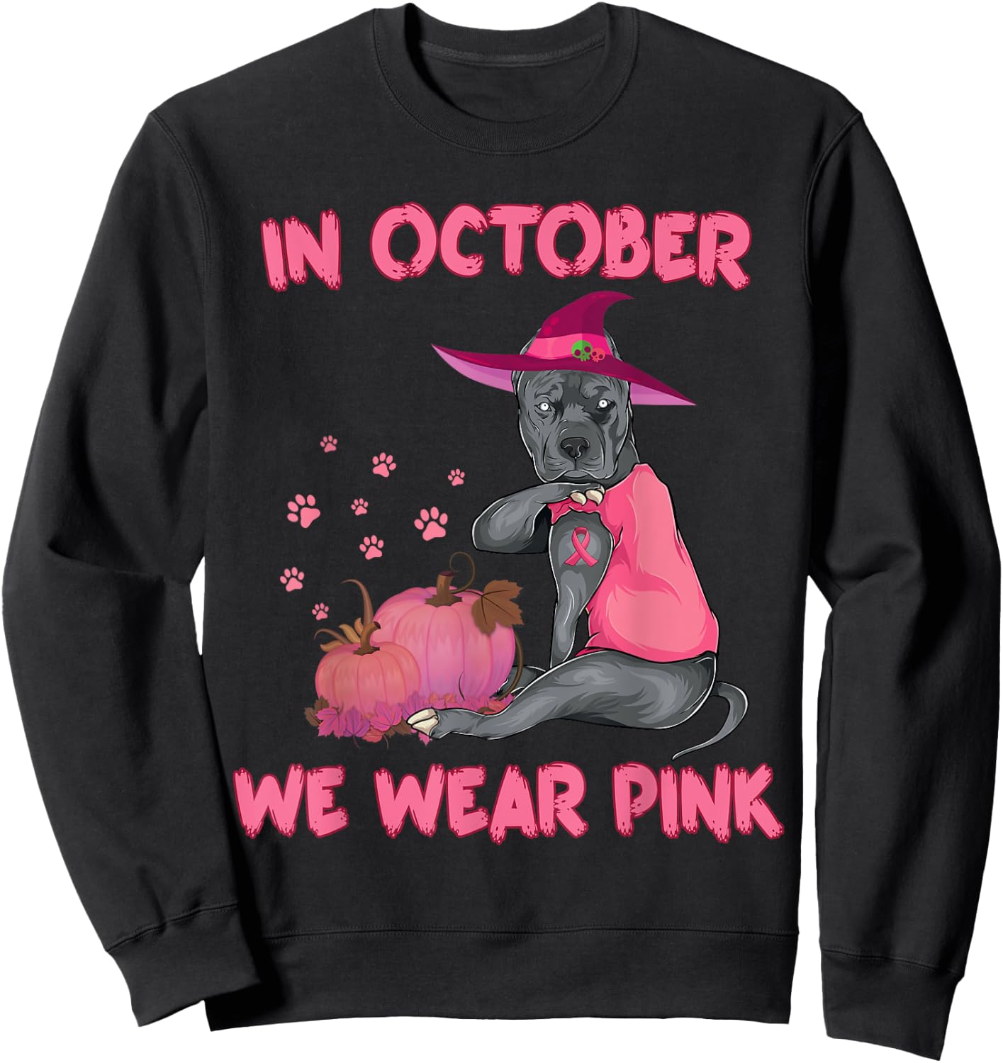 In October We Wear Pink Pitbull Dog Breast Cancer Halloween Men Women Girls Kids Sweatshirt - Sweatshirt | Black