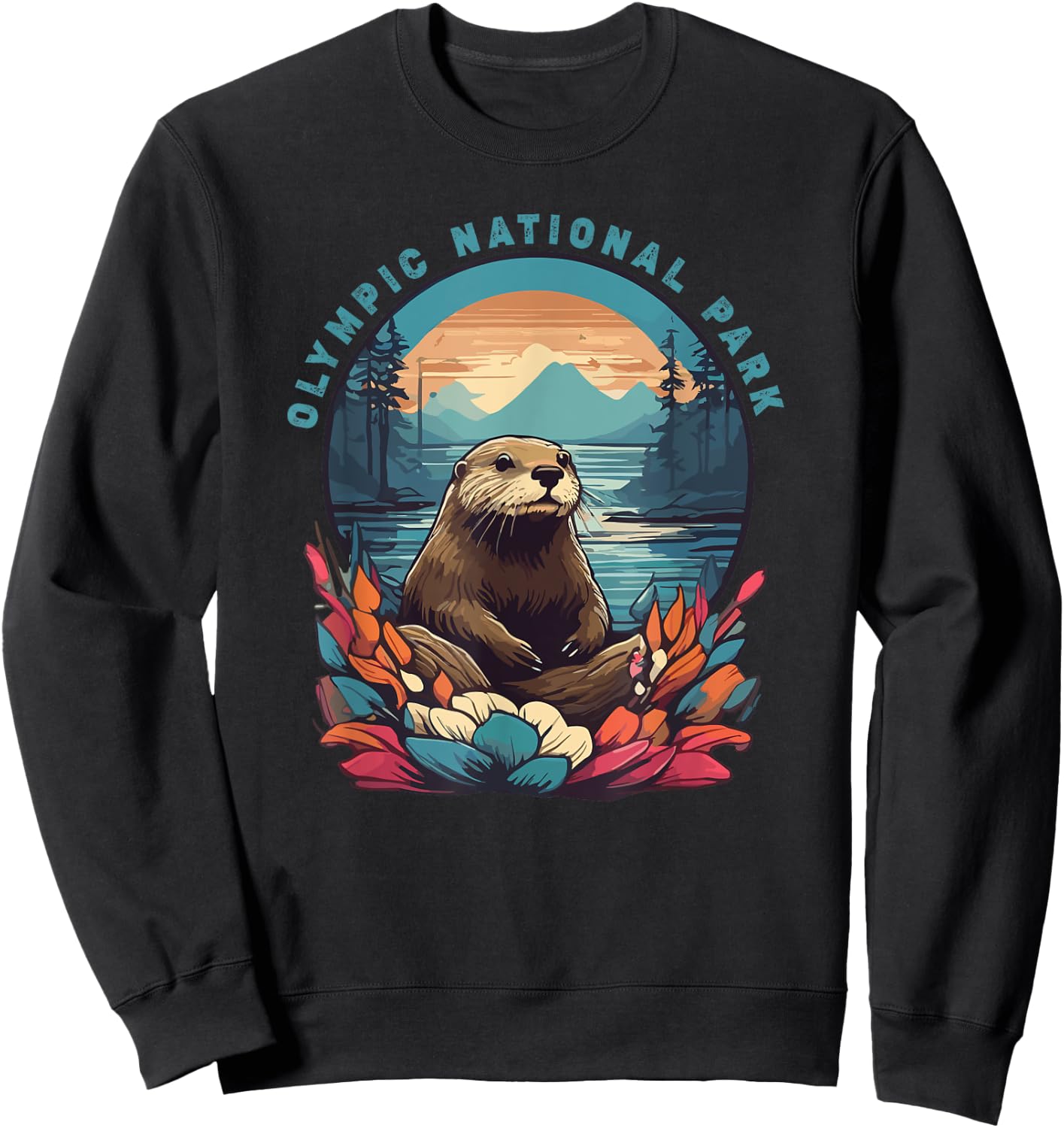 Olympic National Park Otter Lover Vintage American Souvenir Sweatshirt - Sweatshirt | Black