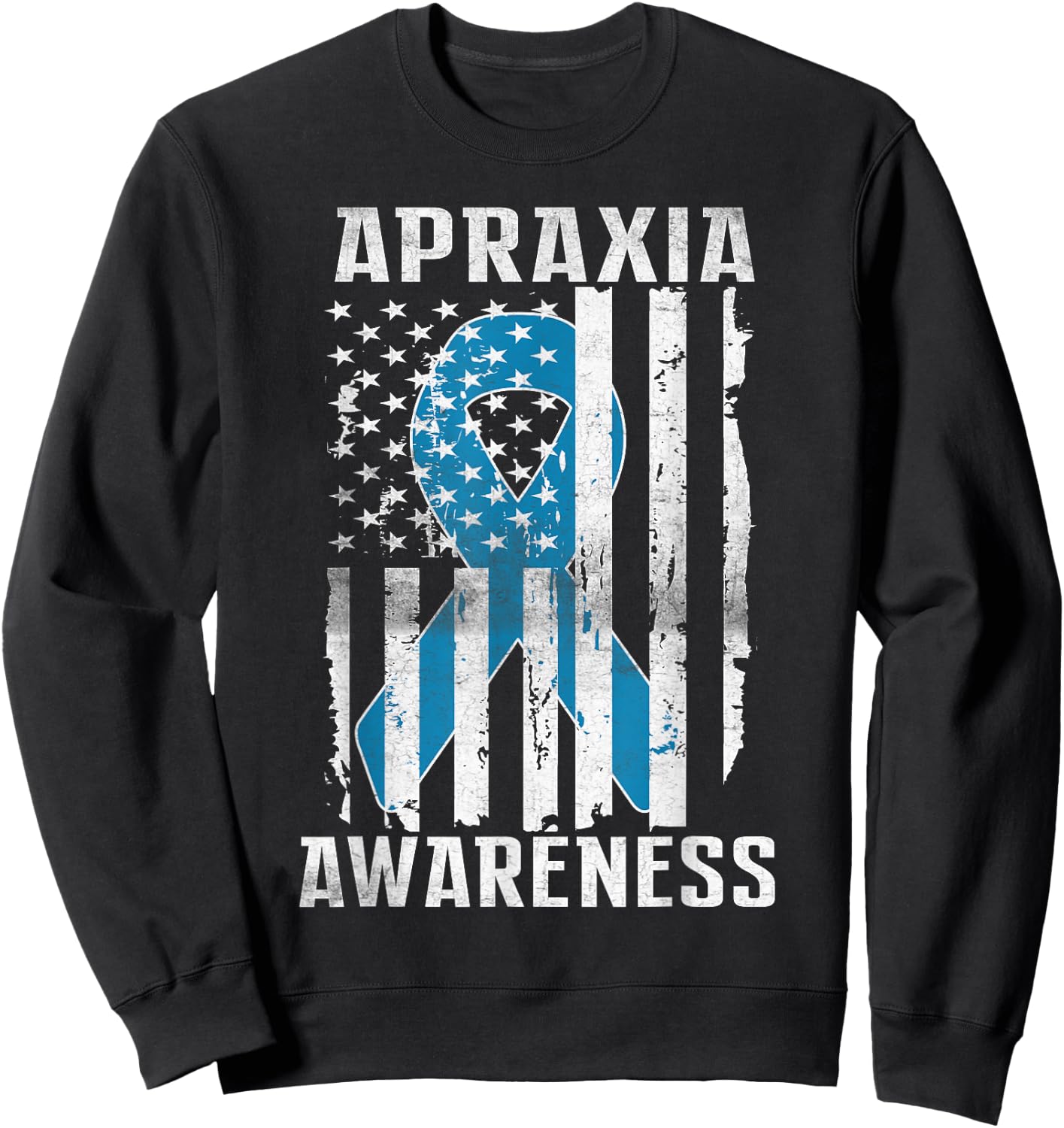 Apraxia Awareness Month Day USA Flag Ribbon Blue Sweatshirt - Sweatshirt | Black