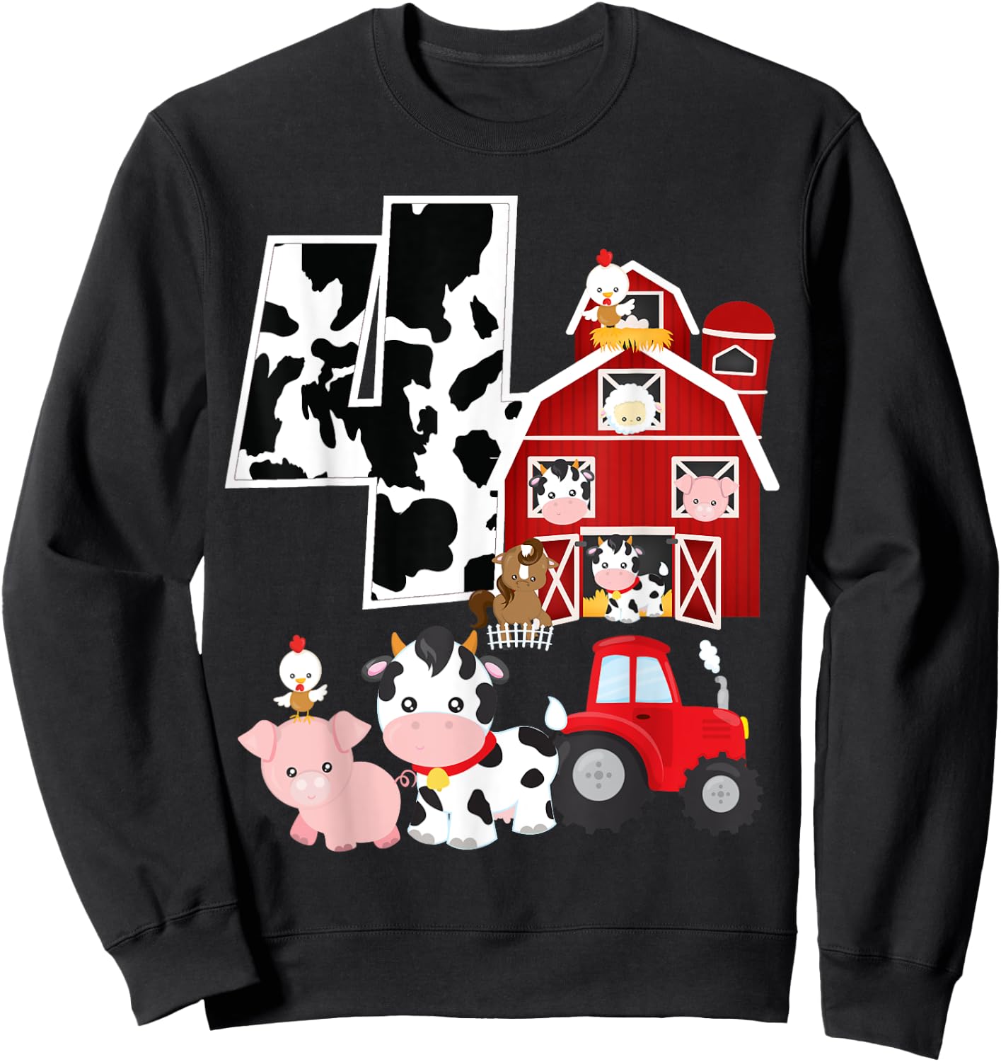 Farm Barnyard Theme Pig Cow Horse 4th Birthday 4 Yrs Old Sweatshirt - Sweatshirt | Black