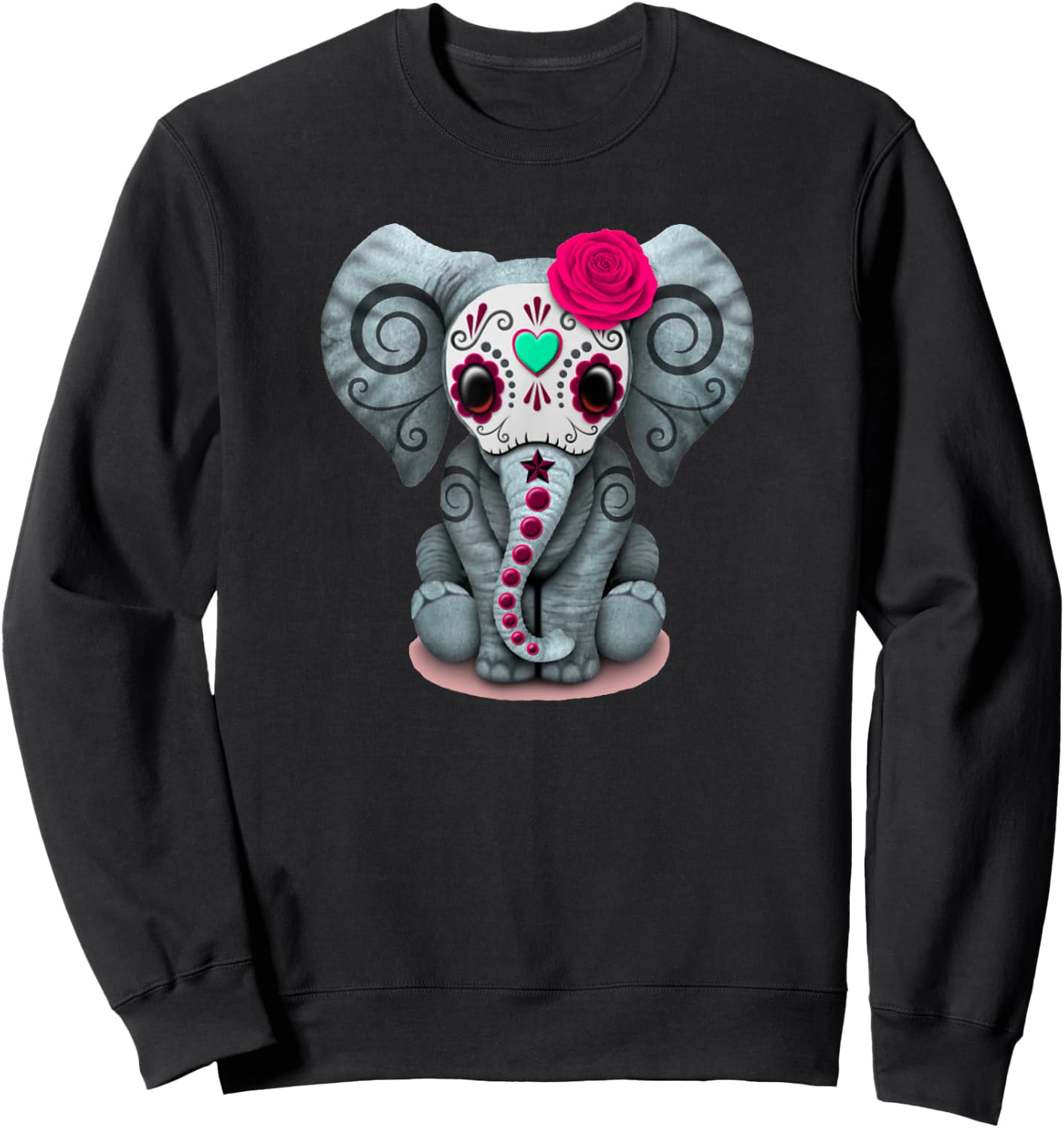 Sugar Skull Red Rose Elephant Day Of The Dead Halloween Sweatshirt - Sweatshirt | Black