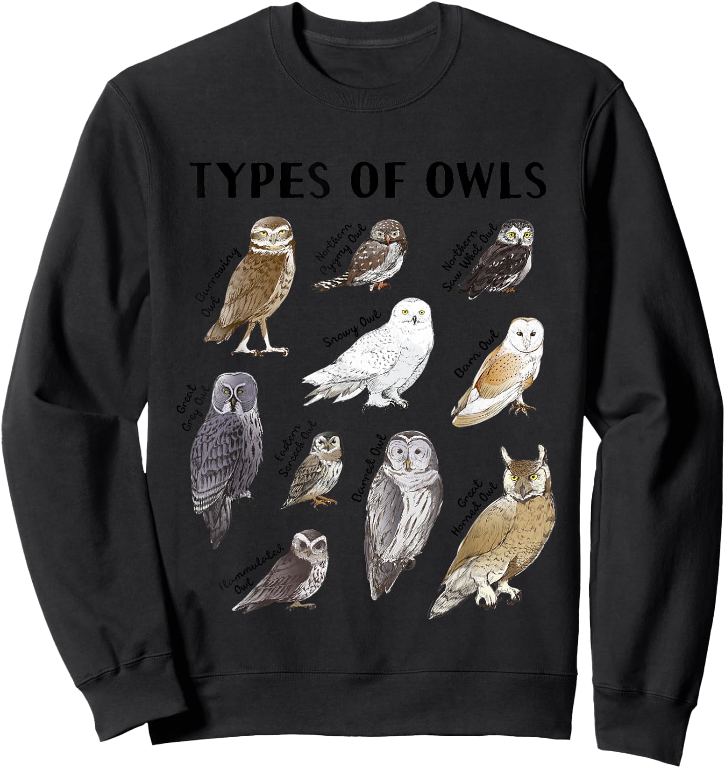 Types of Owls Educational Collection Cute Owl Lover Sweatshirt - Sweatshirt | Black