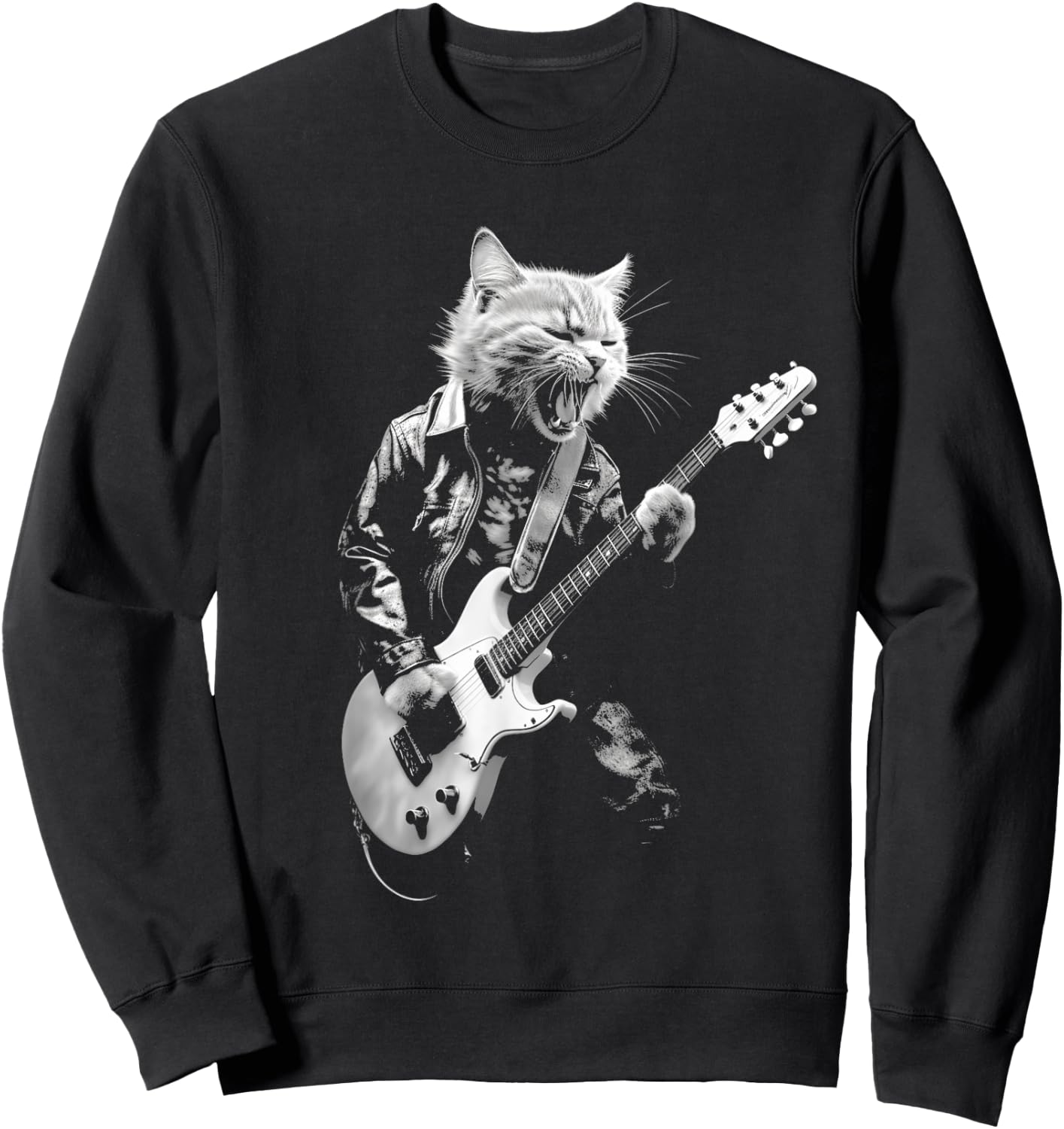 Rock Cat Playing Guitar Funny Guitar Cat Design Sweatshirt - Sweatshirt | Black