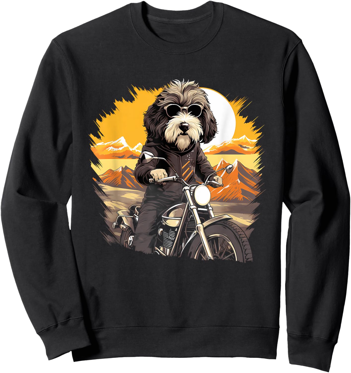 Biker Sheepadoodle Dog Riding Motorcycle Sweatshirt - Sweatshirt | Black