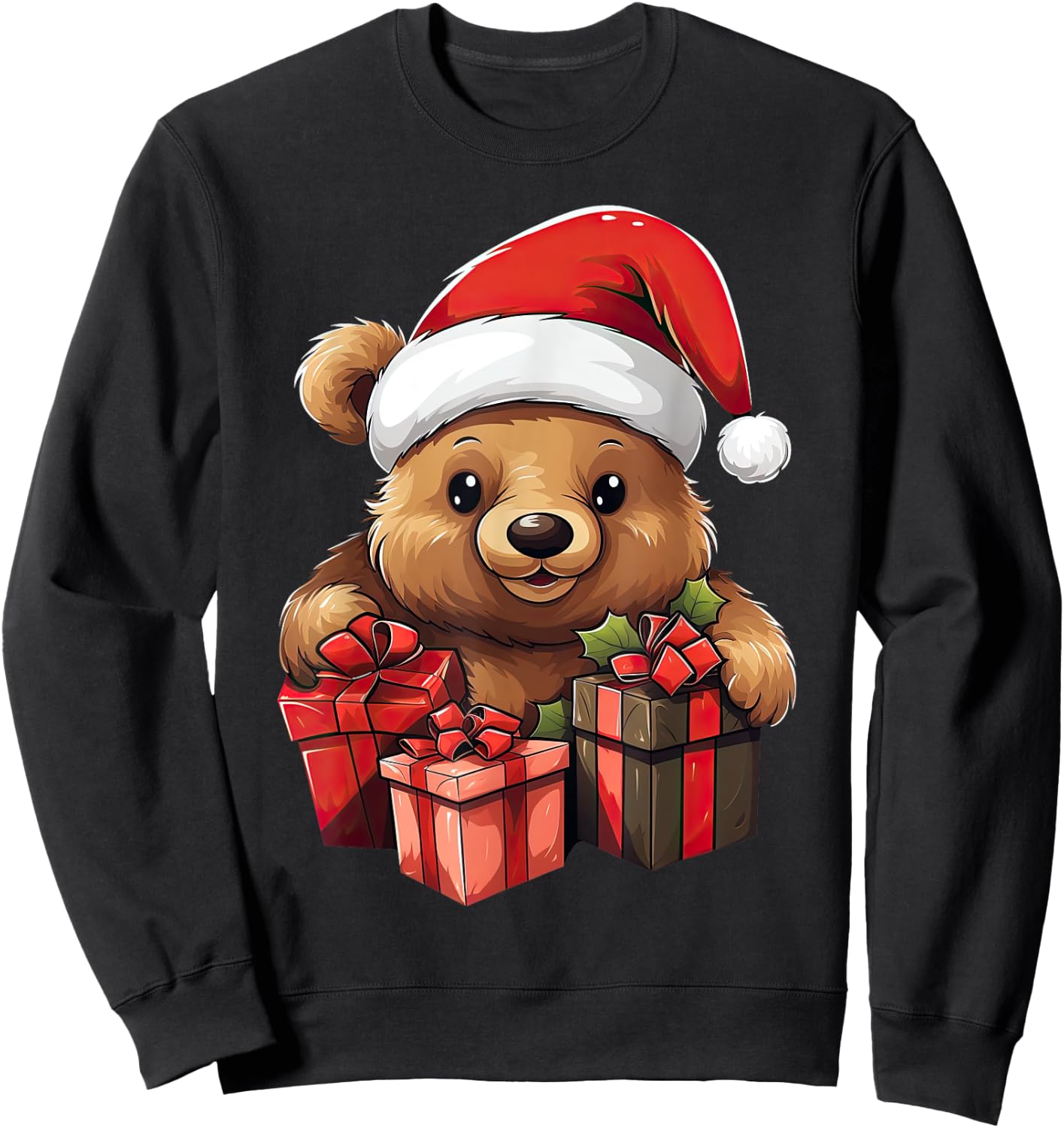 Teddy Bear Santa Claus Hat Christmas Pajama Xmas Party Sweatshirt - Sweatshirt | Black