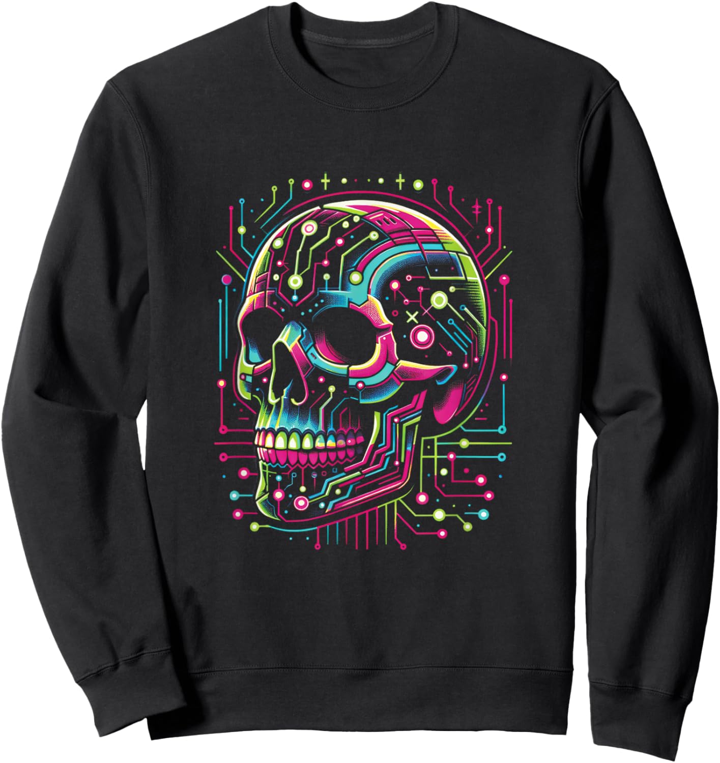 Vaporwave Skull Cyberpunk 80s 90s Era Retro Style Halloween Sweatshirt - Sweatshirt | Black