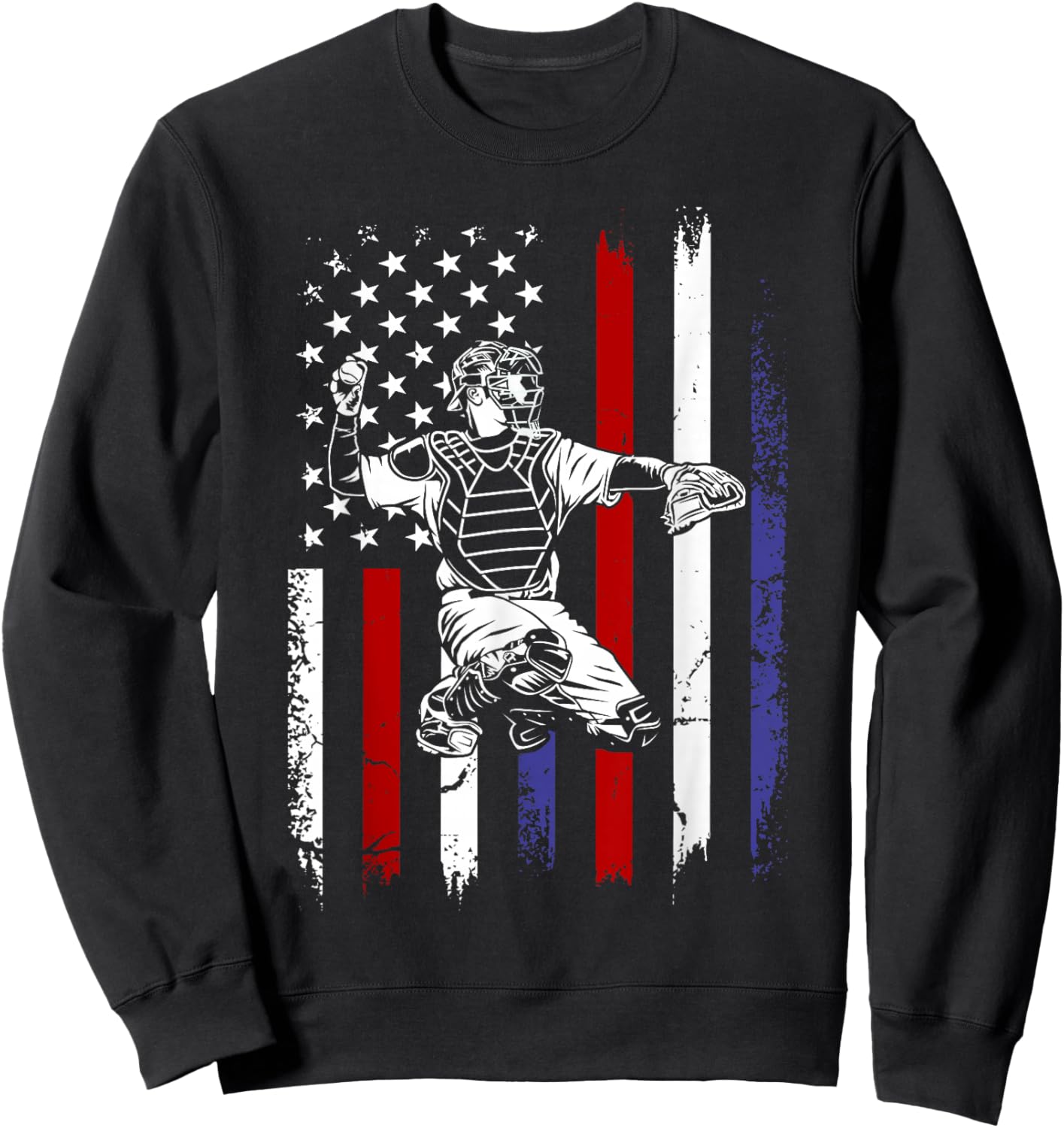 Baseball American Flag Patriotic Catcher 4th of July Sweatshirt - Sweatshirt | Black