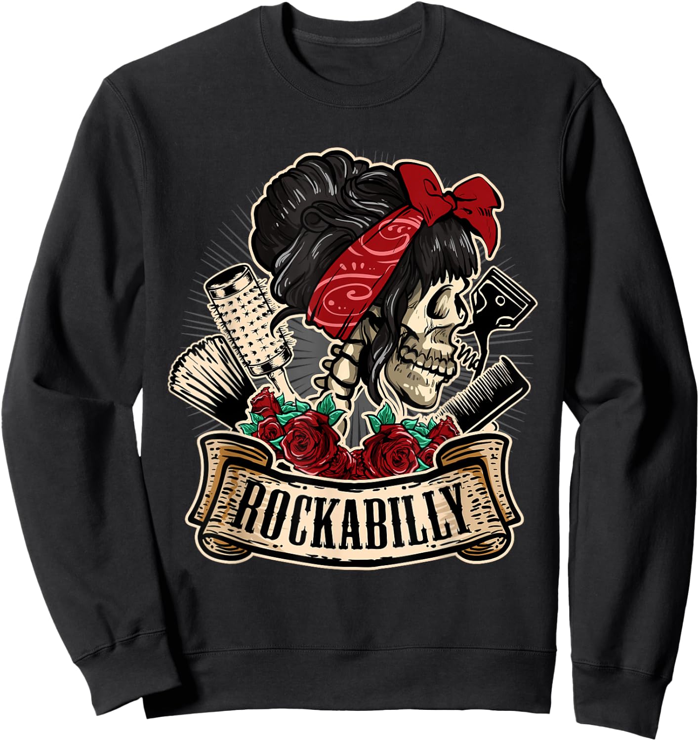 Rockabilly Girl Skull Pin-Up Hairstylist Hairdresser Sweatshirt - Sweatshirt | Black
