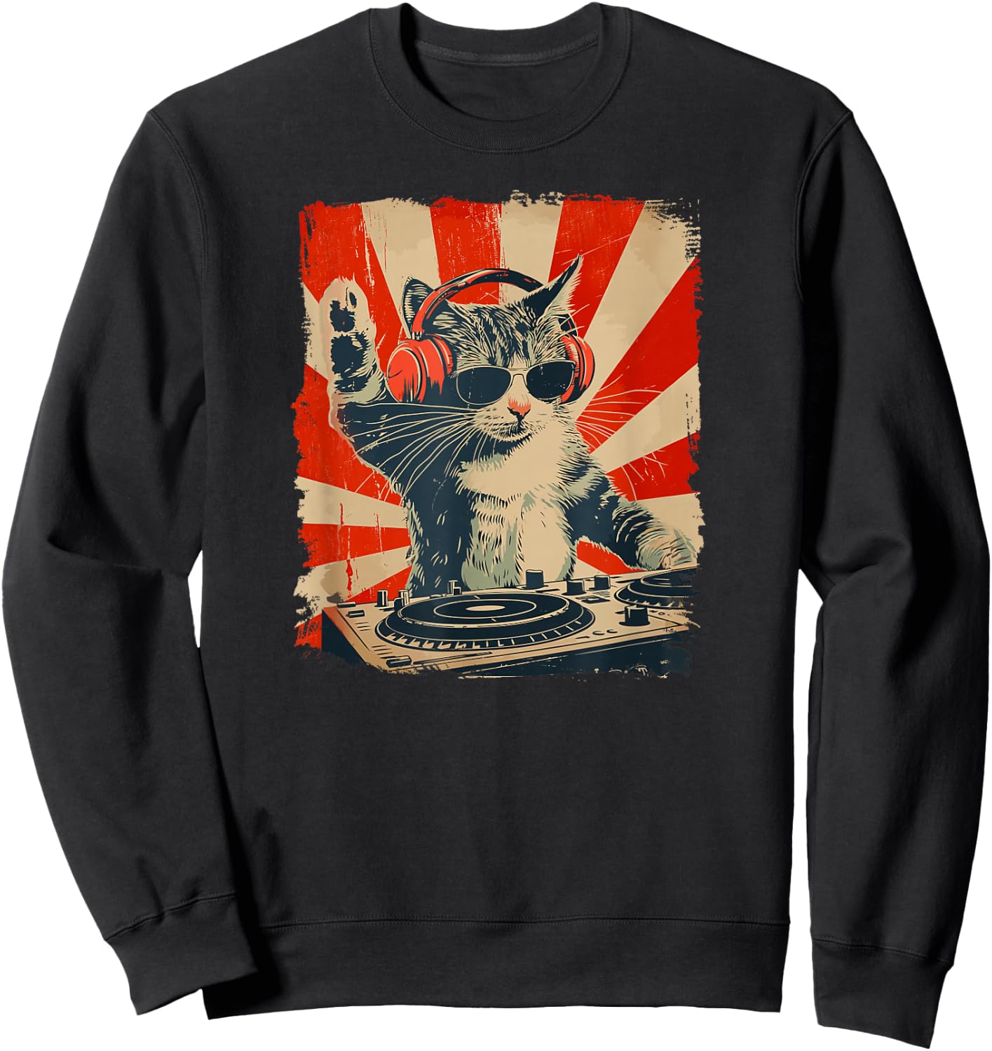 Funny DJ Cat Disco Sound Tech Headphone Music Sweatshirt - Sweatshirt | Black