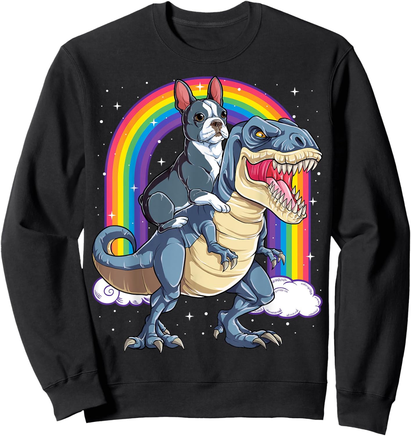 Boston Terrier Riding Dinosaur T-rex Gifts Boys Kids Rainbow Sweatshirt - Sweatshirt | Black