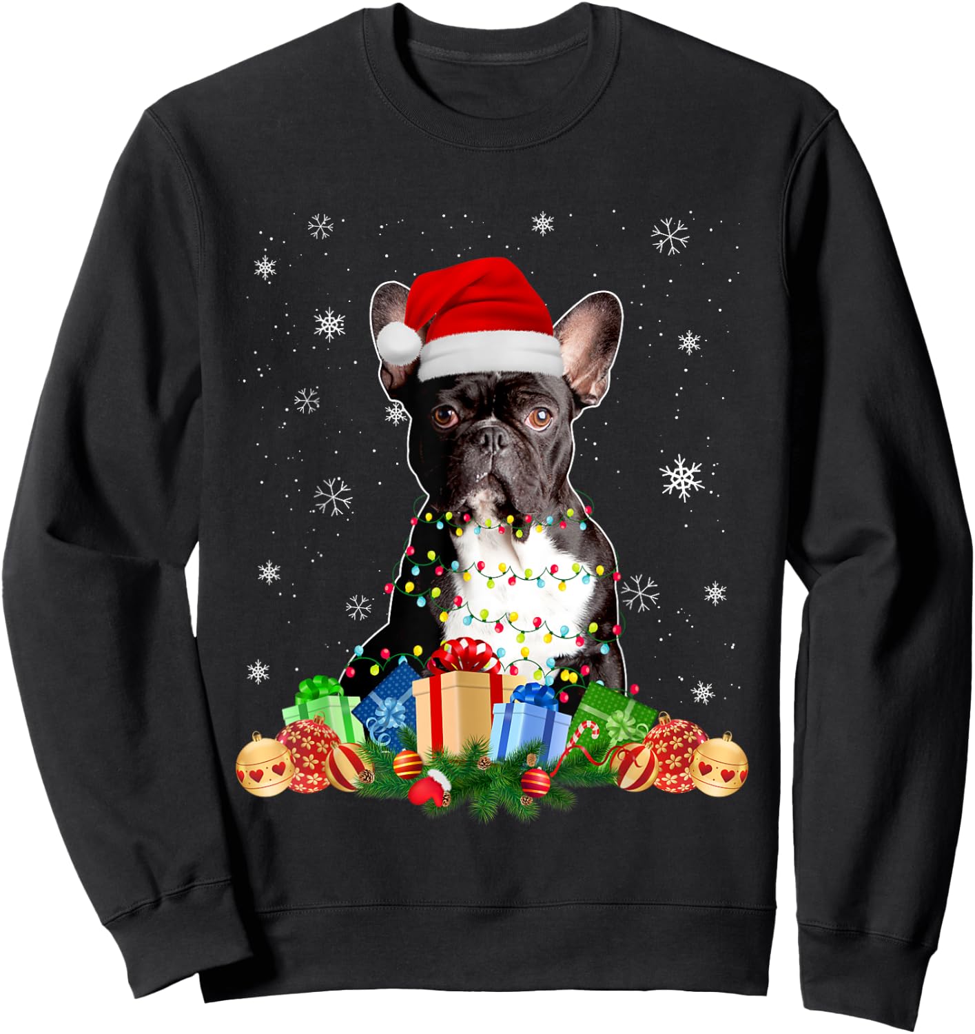 French Bulldog Dog Christmas Lights Santa Puppy Dog Lover Men Women Kids Sweatshirt - Sweatshirt | Black