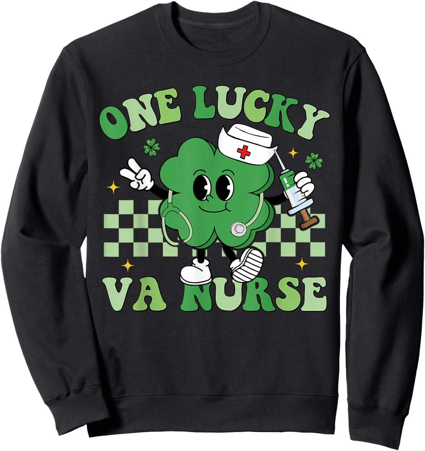 Groovy One Lucky VA Nurse Shamrock Patrick's Day Sweatshirt - Sweatshirt | Black