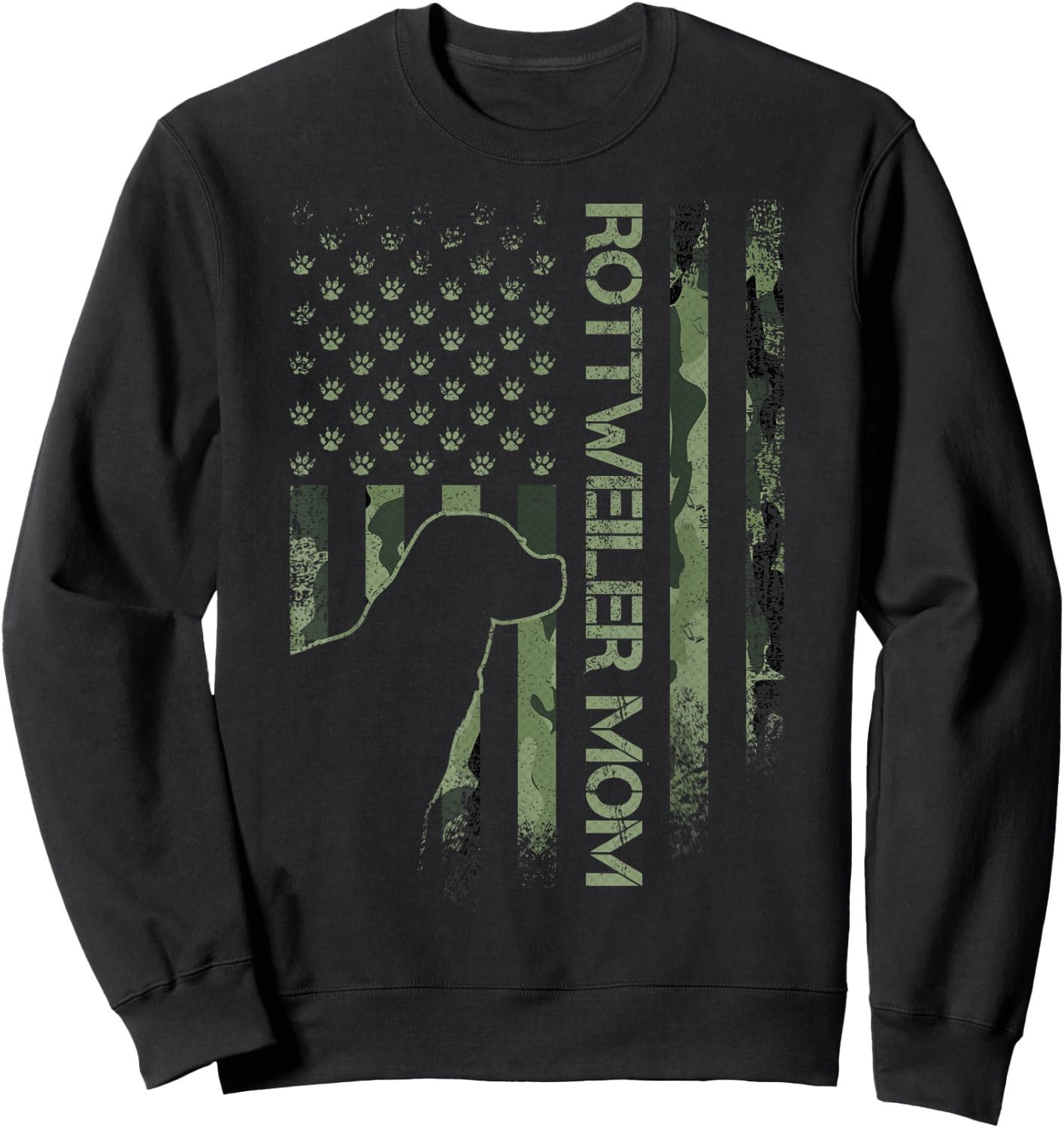 Vintage USA Camo Flag Proud Rottweiler Mom Rottie Silhouette Sweatshirt - Sweatshirt | Black
