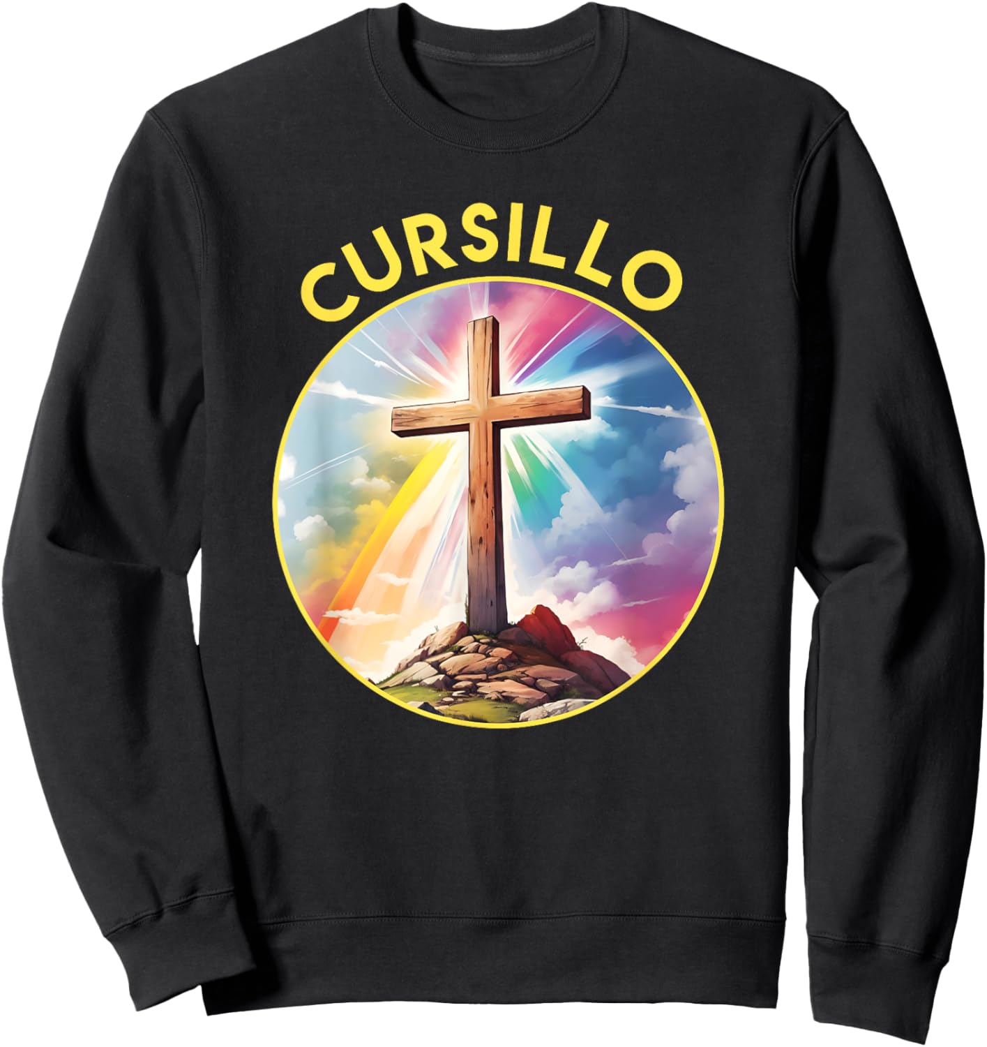 Cursillo Faith Wood Cross With Rainbow and Clouds Sweatshirt - Sweatshirt | Black