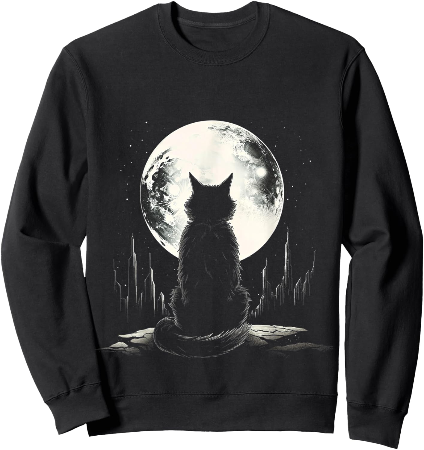Cat Nature Moon Animal Illustration Art Graphic Motif Cat Sweatshirt - Sweatshirt | Black